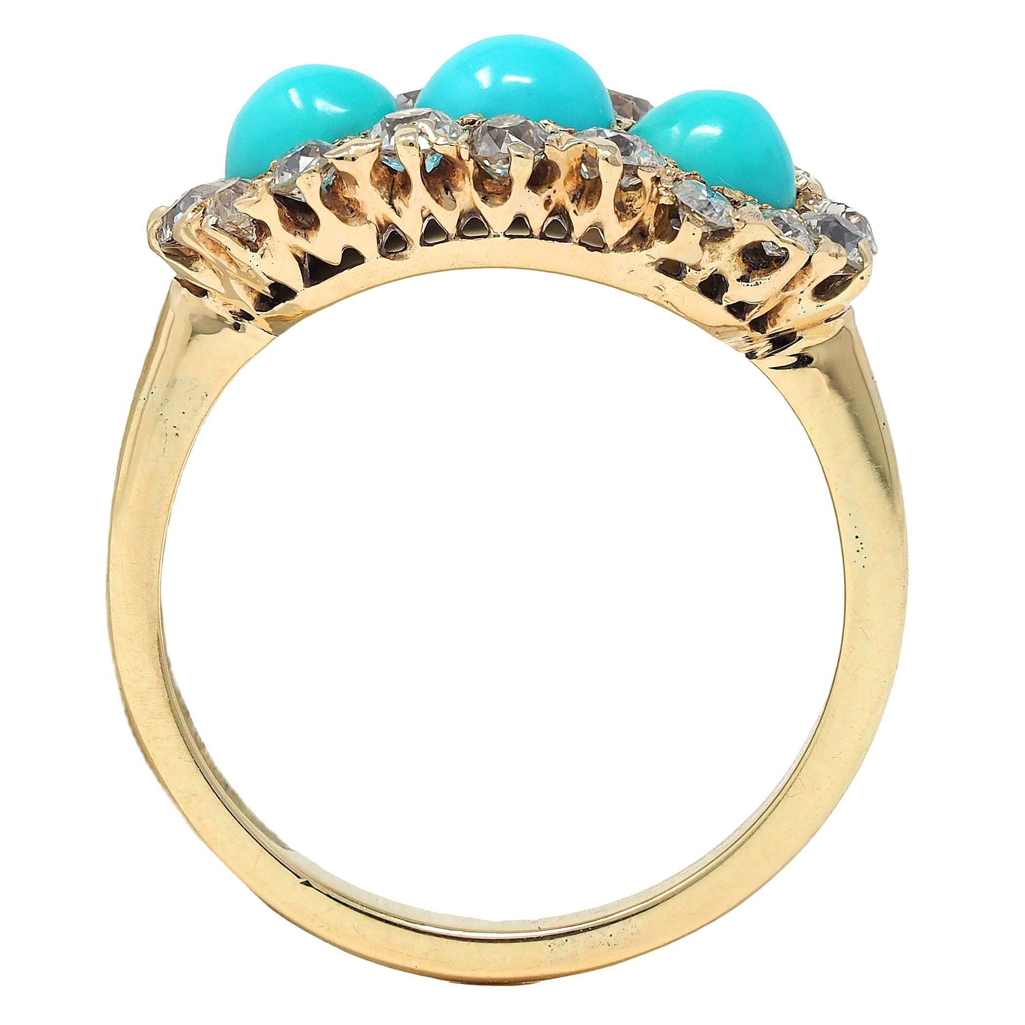 Victorian Diamond Turquoise Cabochon 14K Yellow Gold Antique Cluster Band Ring 1