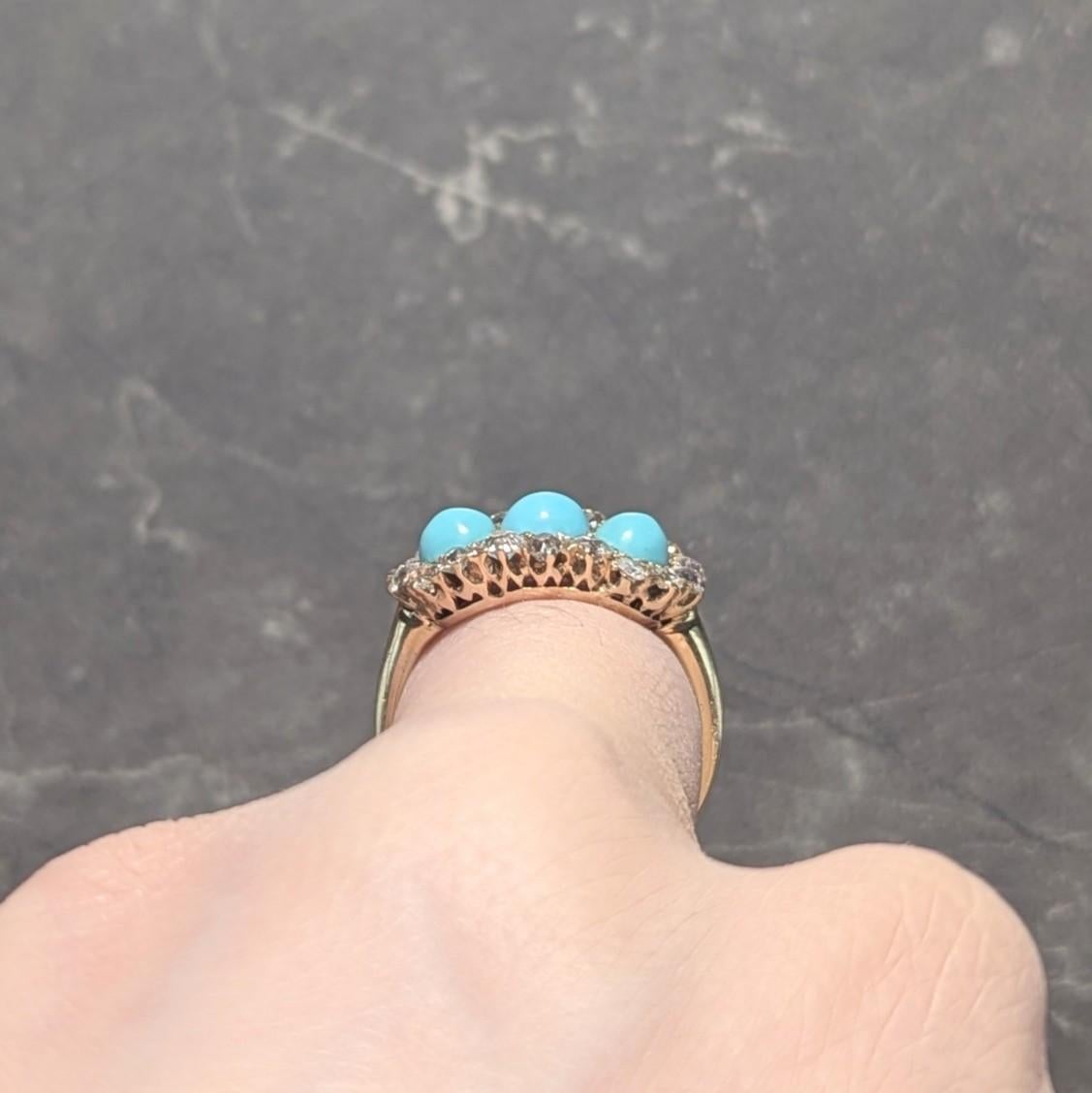 Victorian Diamond Turquoise Cabochon 14K Yellow Gold Antique Cluster Band Ring 3