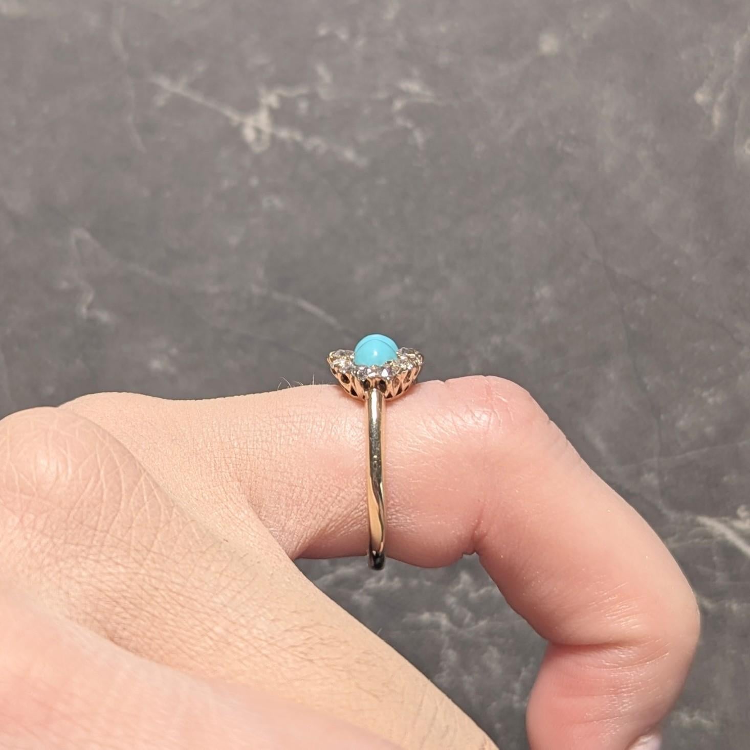 Victorian Diamond Turquoise Cabochon 14K Yellow Gold Antique Cluster Band Ring 4
