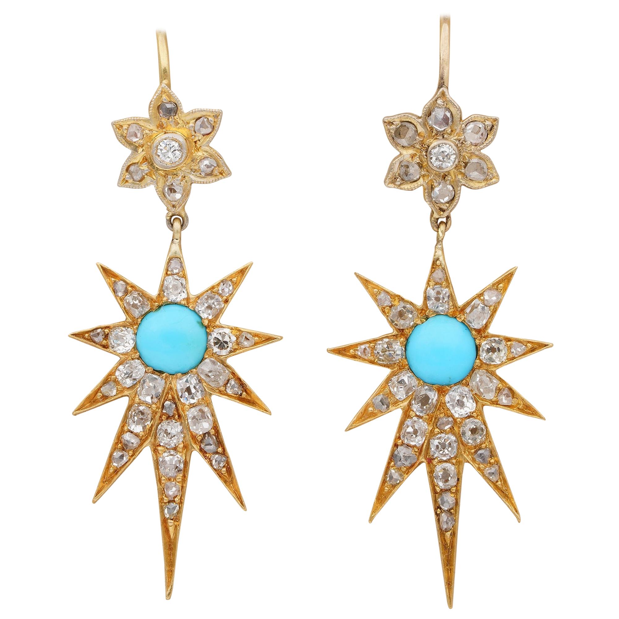 Victorian Diamond Turquoise Celestial Star Drop Earrings 18 Karat For Sale