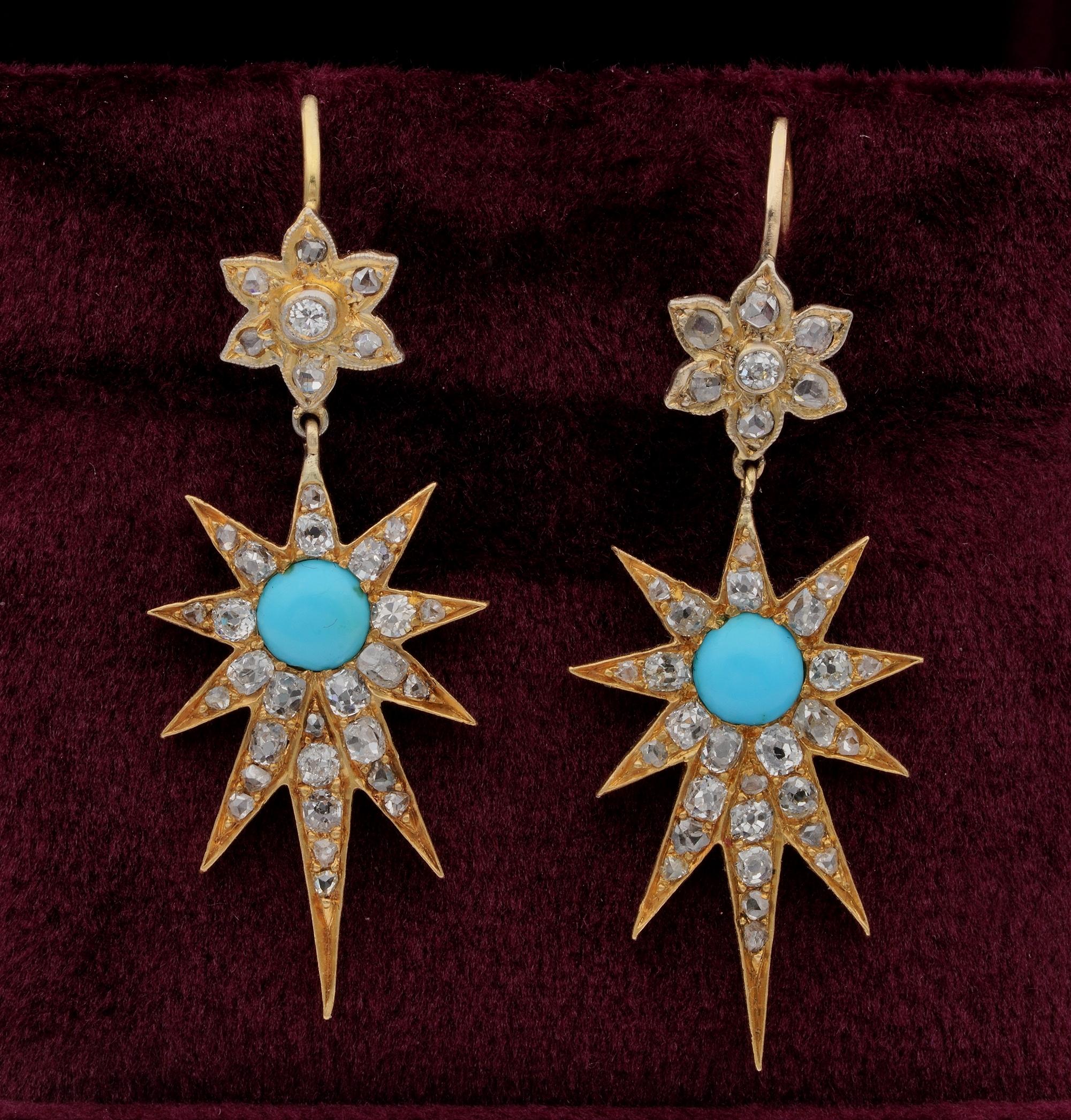 Dropping from Sky

Beautiful antique Victorian period classy Star shaped celestial motif drop earrings
Lovely dainty design, hand crafted during 1880 of solid 18 Kt gold – top fleurette design punctuated by tiny rose cut Diamonds, with a lovely Star