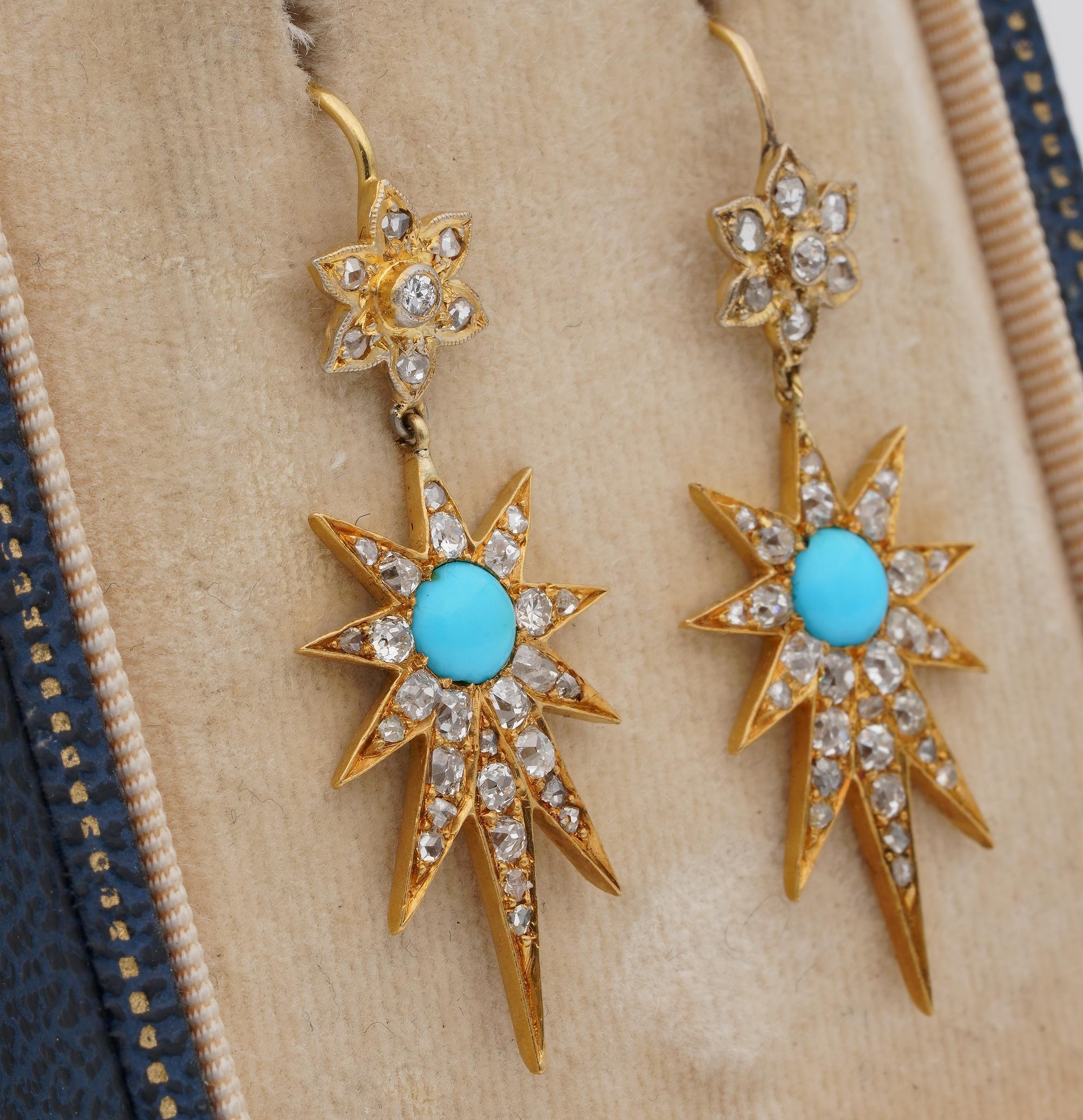 Rose Cut Victorian Diamond Turquoise Celestial Star Drop Earrings 18 Karat For Sale