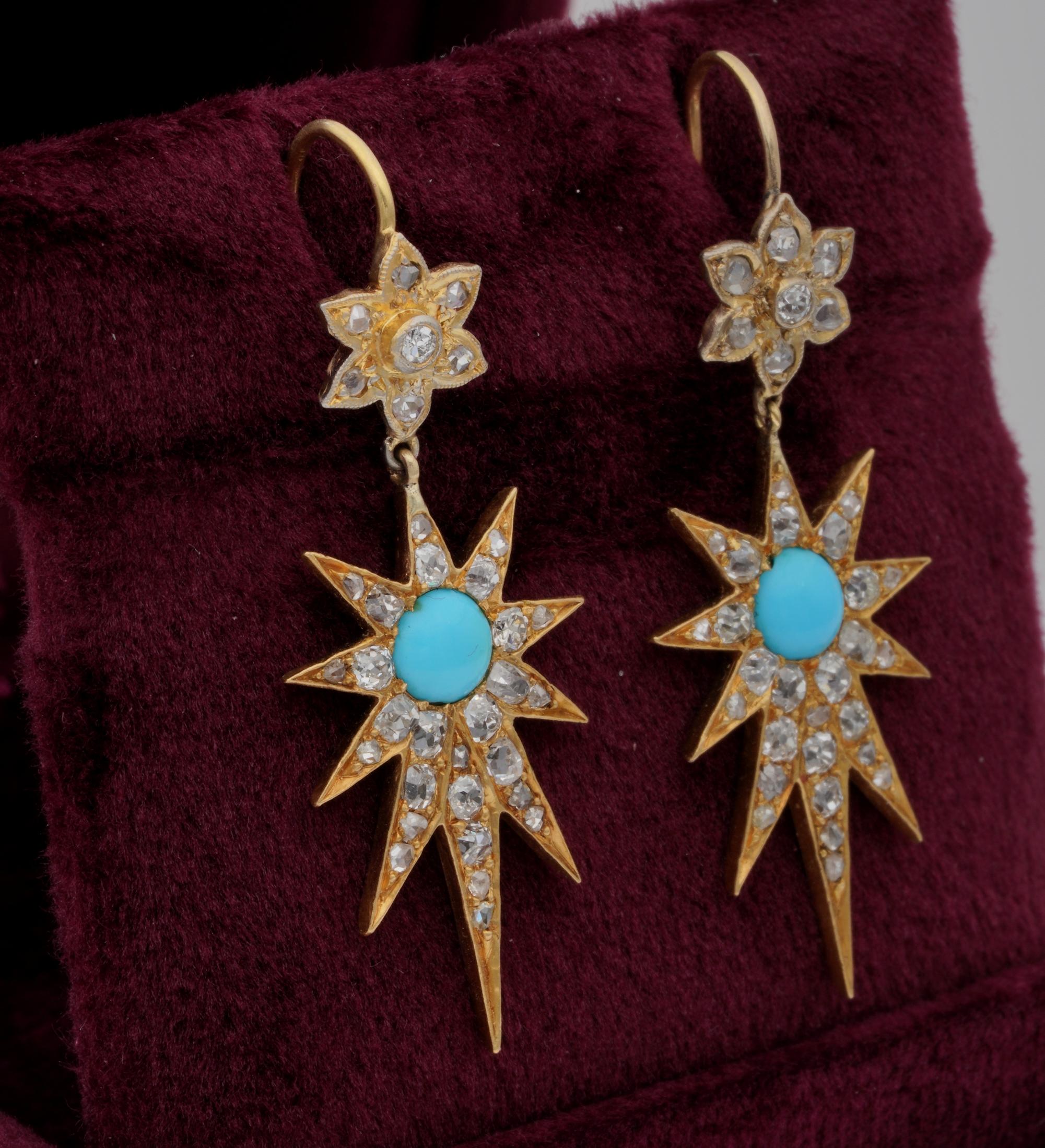 Victorian Diamond Turquoise Celestial Star Drop Earrings 18 Karat In Good Condition For Sale In Napoli, IT