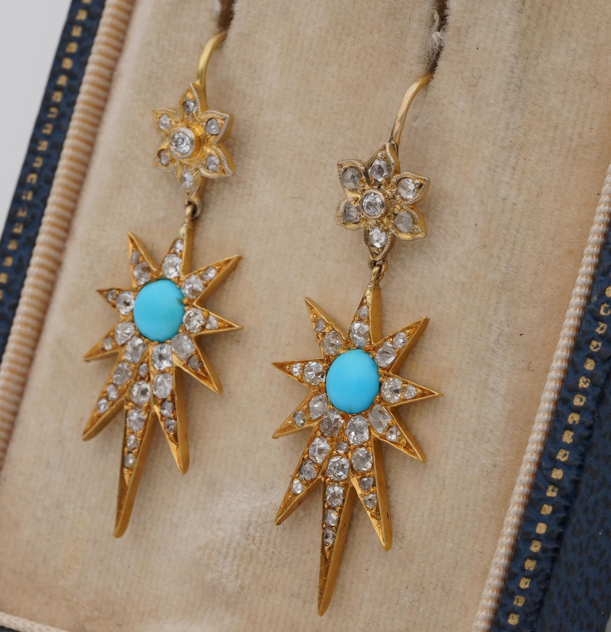 Women's Victorian Diamond Turquoise Celestial Star Drop Earrings 18 Karat For Sale