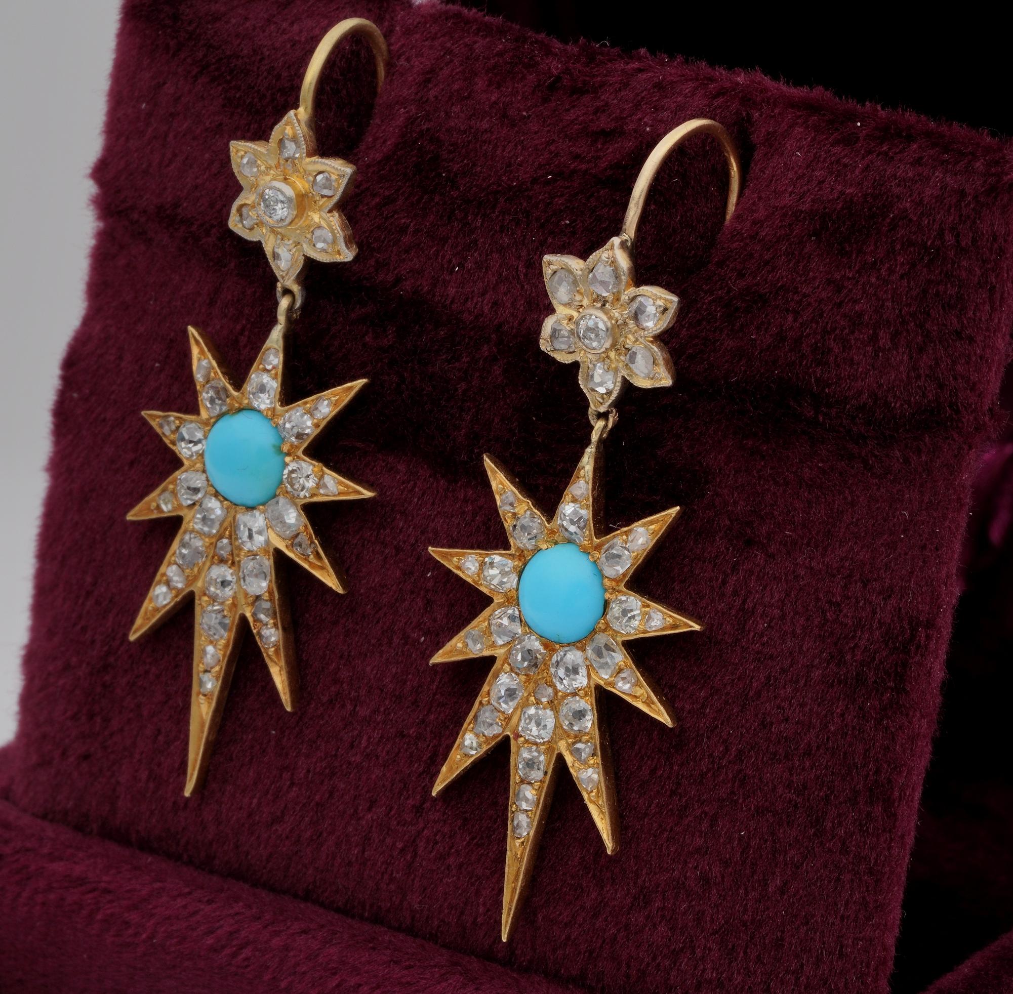 Victorian Diamond Turquoise Celestial Star Drop Earrings 18 Karat For Sale 1