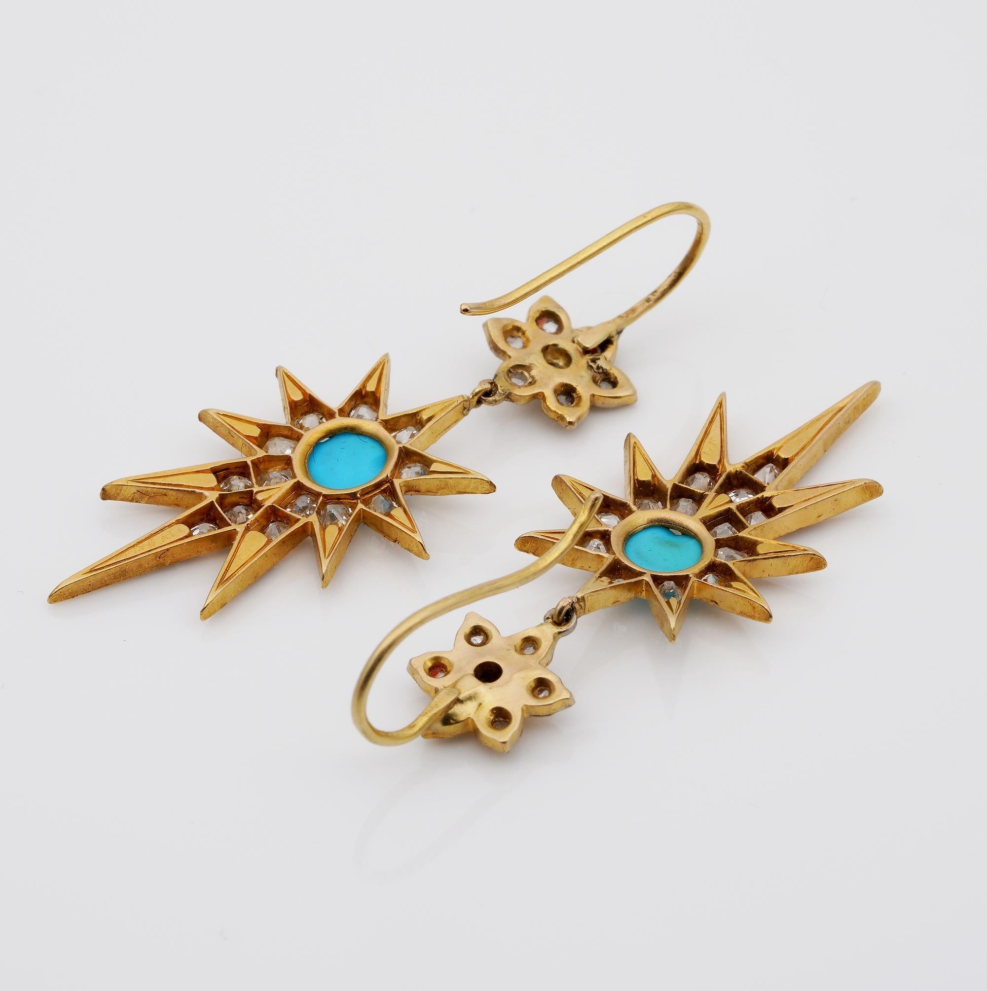 Victorian Diamond Turquoise Celestial Star Drop Earrings 18 Karat For Sale 2