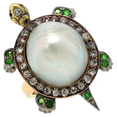 Victorian Diamond Turtle Ring With Pearl & Demantoid Garnet 14K Yellow Gold