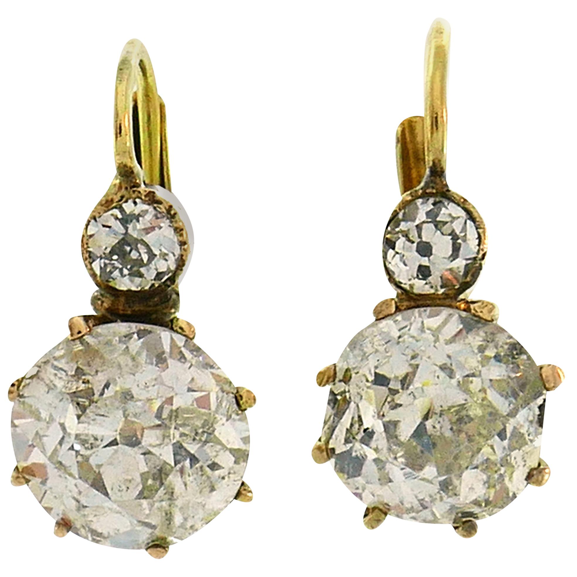 Victorian Diamond Yellow Gold Drop Earrings Two-Stone