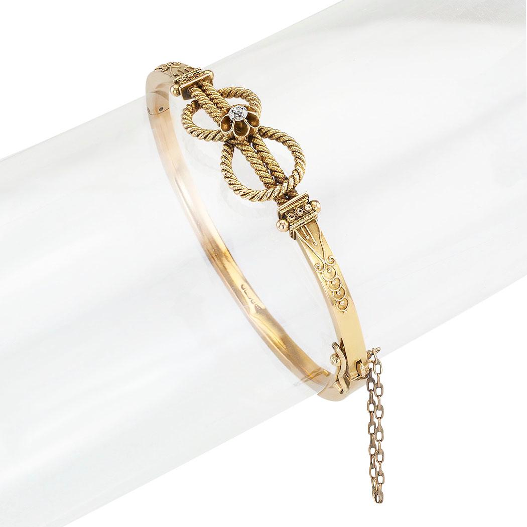 Victorian Diamond Yellow Gold Knot Hinged Bangle Bracelet English In Good Condition In Los Angeles, CA