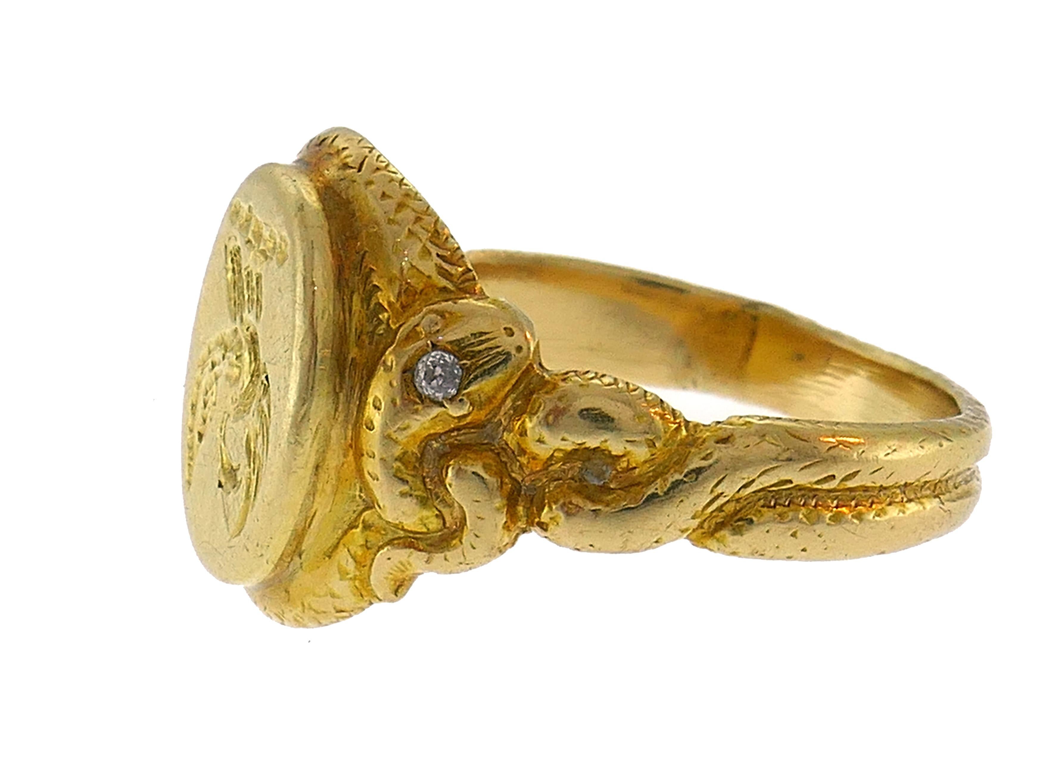 Women's or Men's Victorian Diamond Yellow Gold Signet Ring