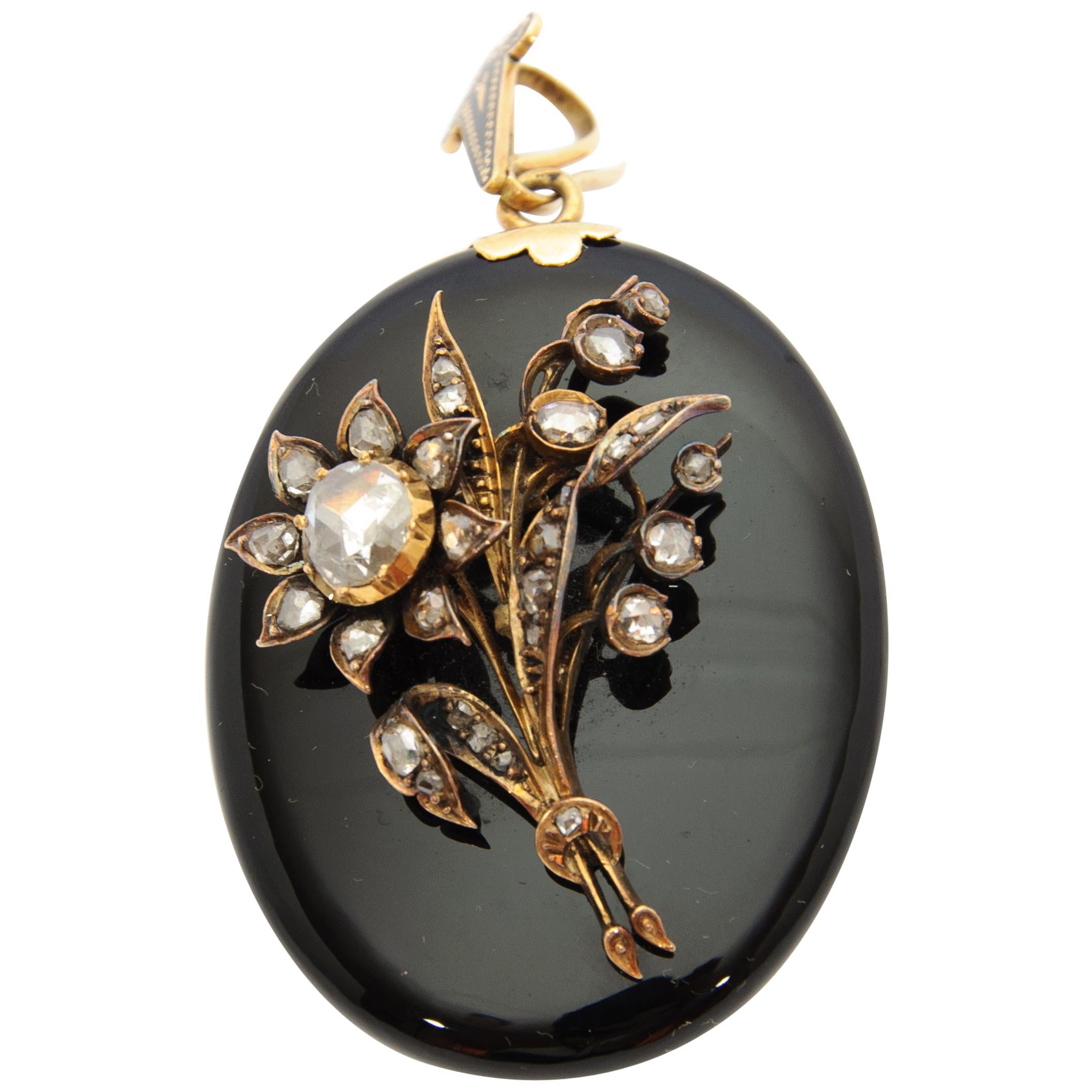 Diamonds Onyx 14K Gold Locket Pendant Brooch