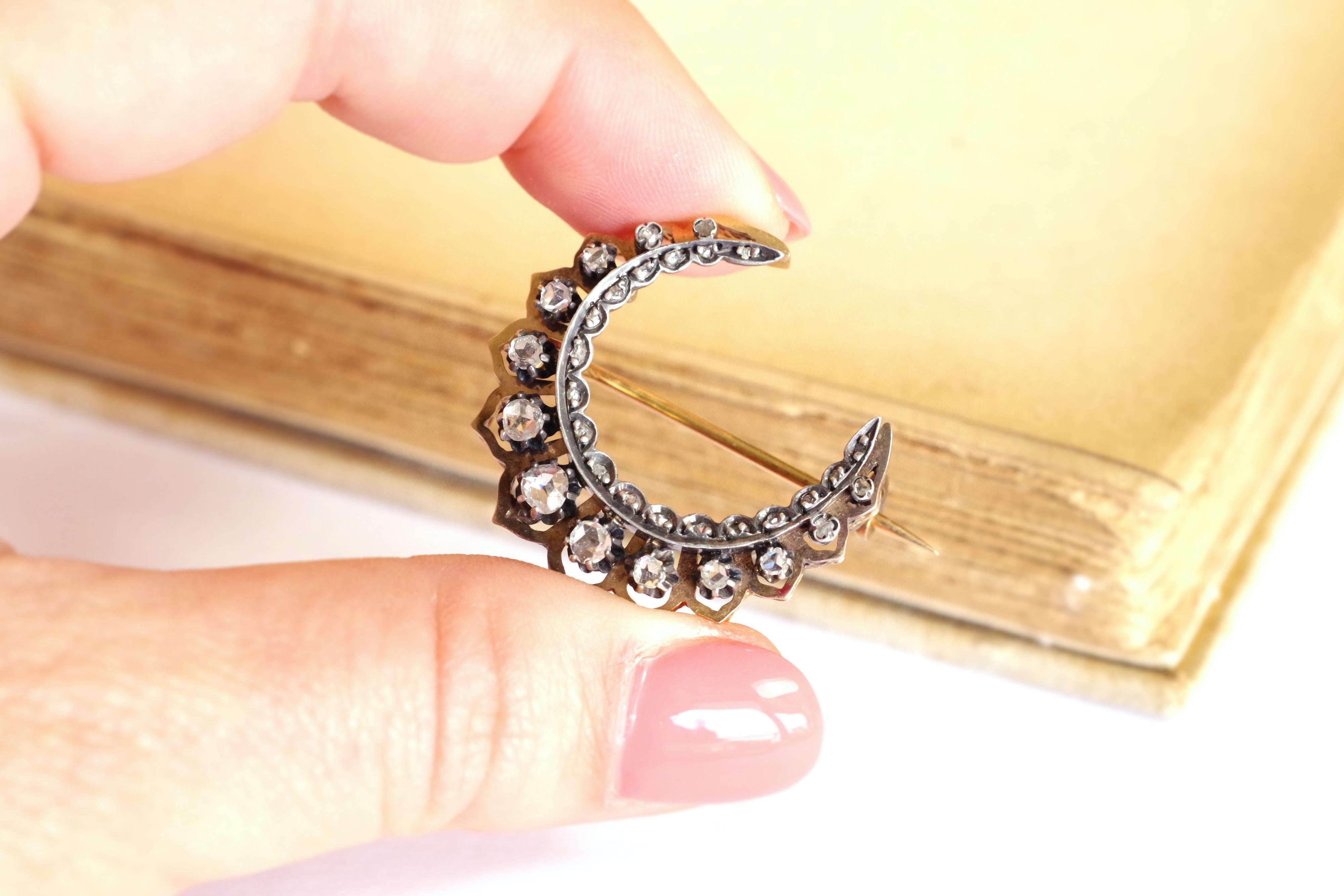 Victorian Diamonds Crescent Moon Brooch in 18k Rose Gold and Silver For Sale 1
