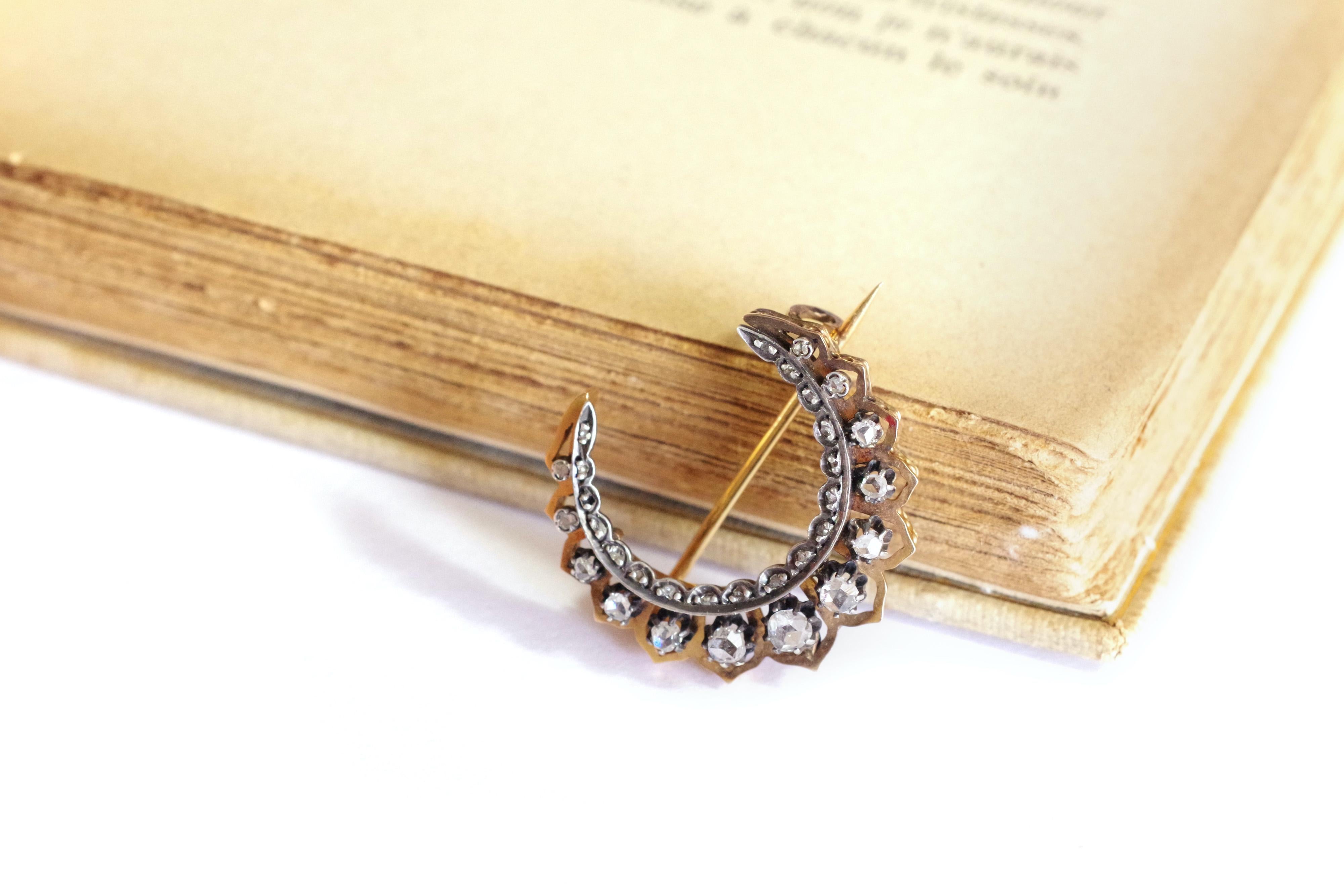 Victorian Diamonds Crescent Moon Brooch in 18k Rose Gold and Silver For Sale 2