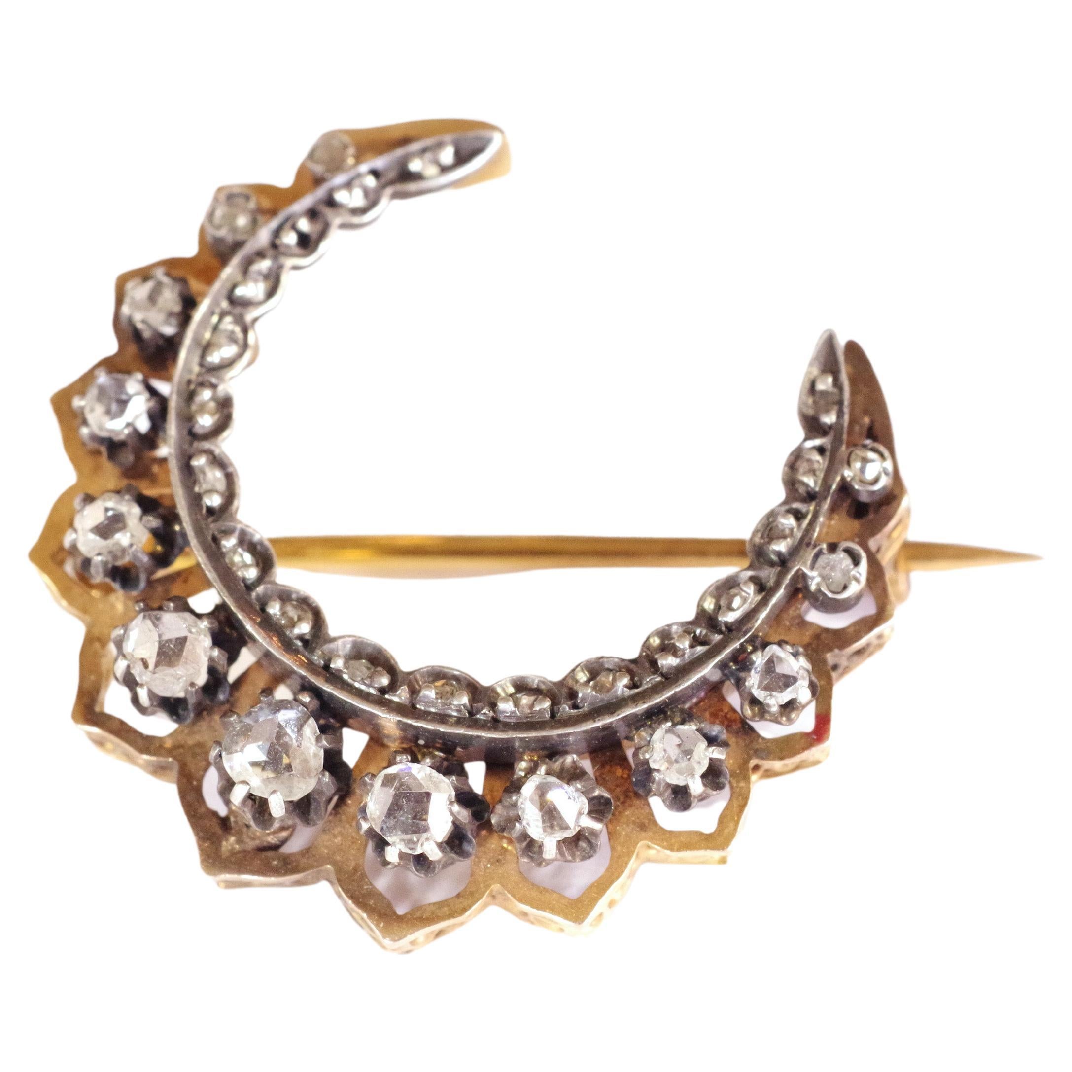 Victorian Diamonds Crescent Moon Brooch in 18k Rose Gold and Silver For Sale