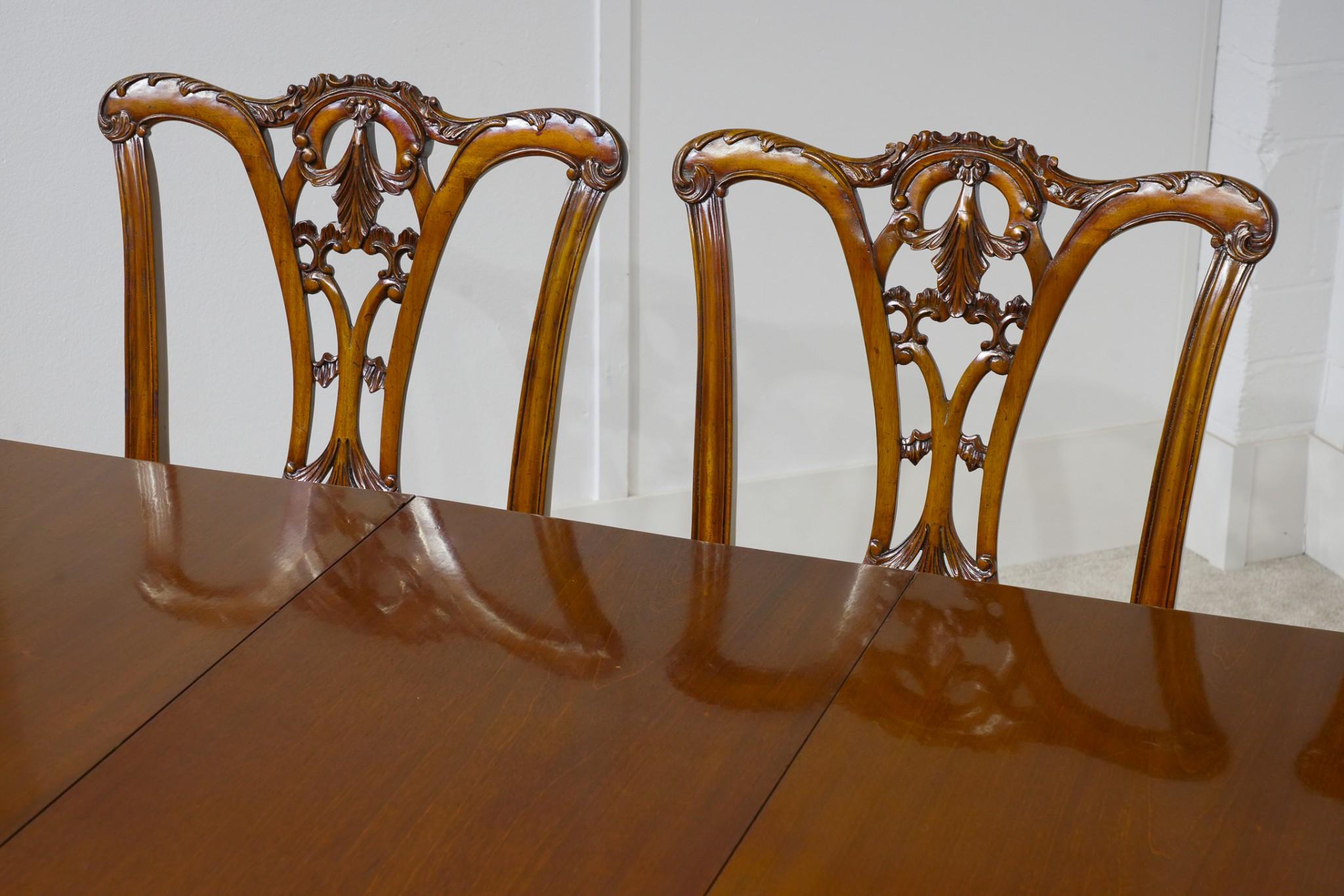 Wood Victorian Dining Table 3 Extending Leaves and 10 chairs For Sale