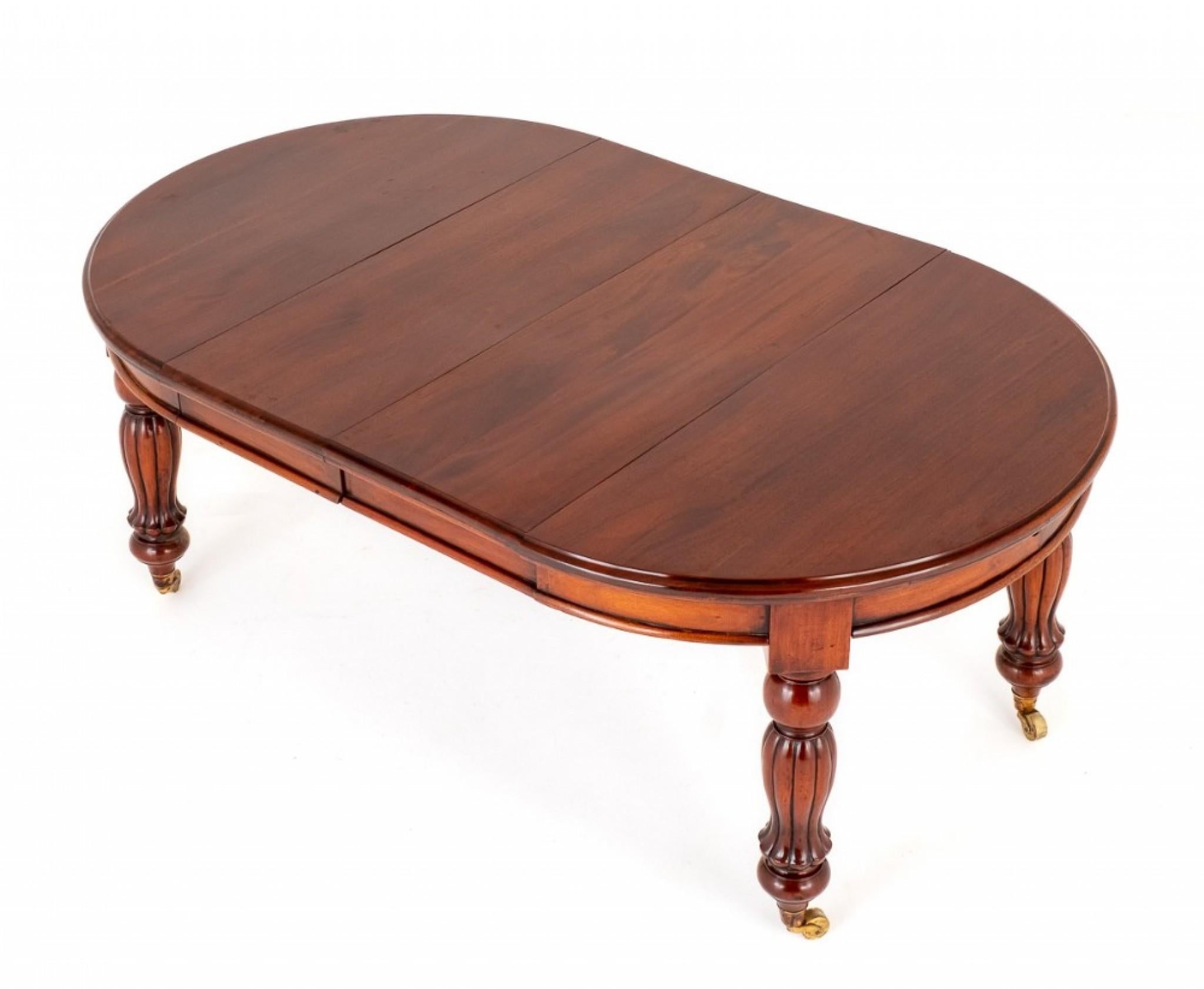 Victorian Mahogany 2 Leaf Circular Extending Dining Table.
Raised upon Turned and Fluted Legs with Brass Castors.
Circa 1860
The Table Extends by way of a Wind Out Telescopic Mechanism to Receive up to 2 Extra Leaves.
Presented in good condition