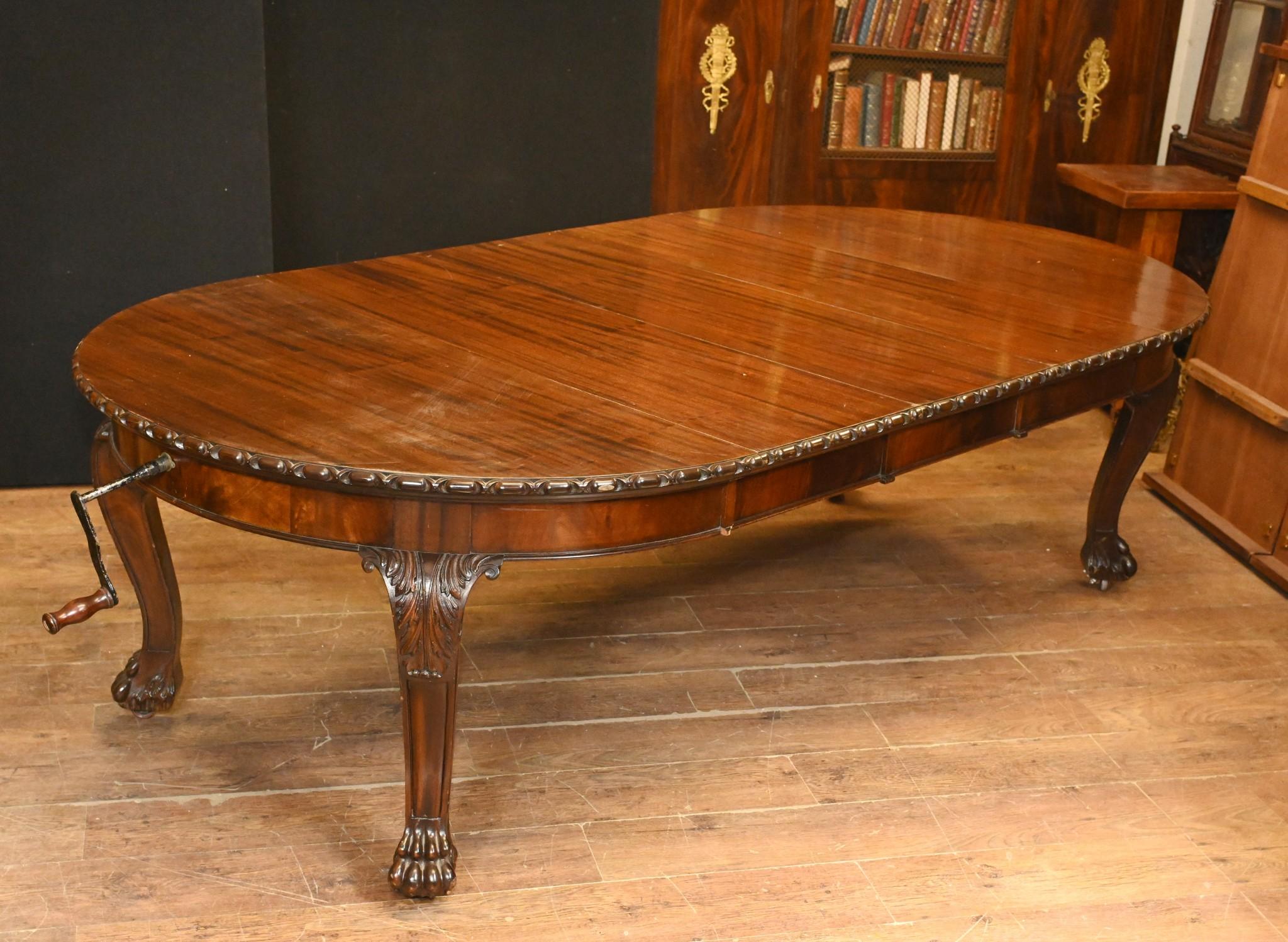 Opulent Victorian dining table in mahogany that extends
We date this to circa 1880 and it is in the Gillows manner
Extends via the windup mechanism and has three leaves (each measuring 16 inches)
We have various chairs to match if you are looking