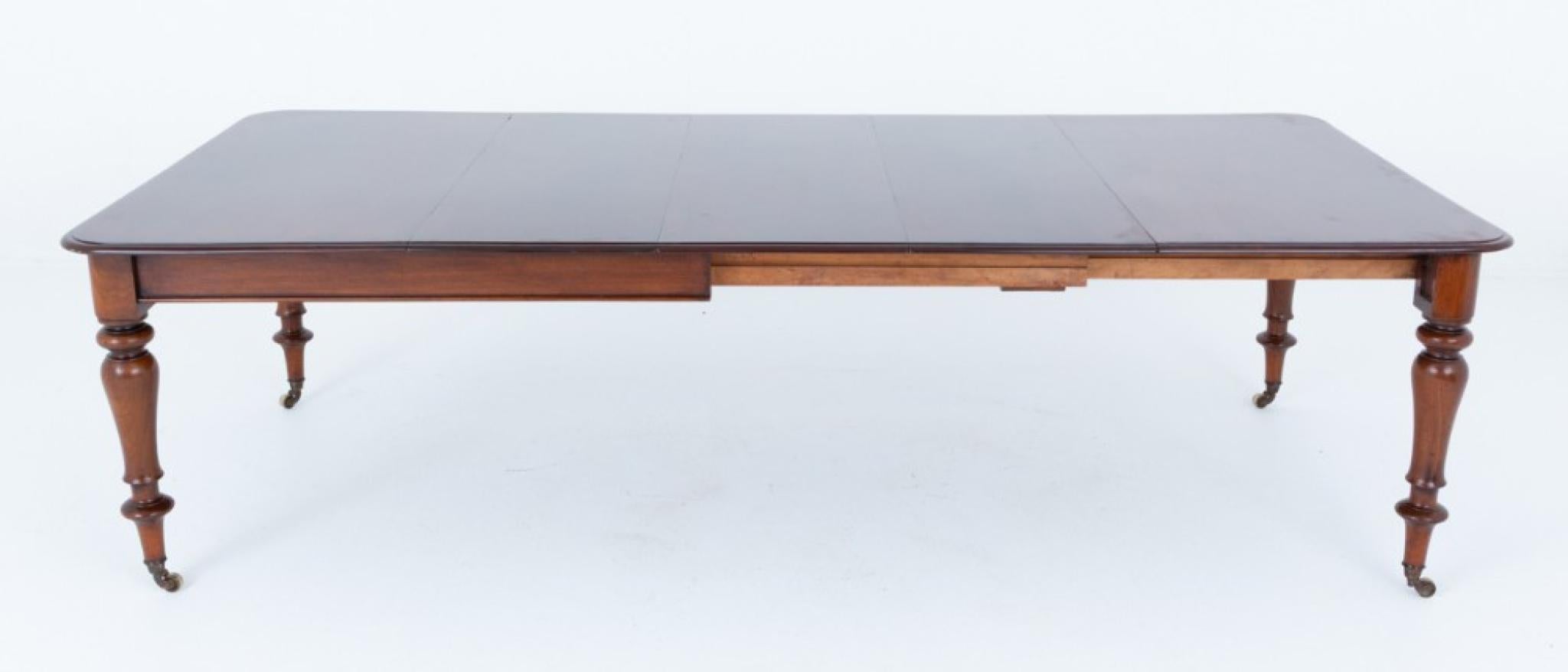 Victorian mahogany 3 leaf extending dining table which has been fully restored in our own workshops
This table is raised upon ring turned legs with original brass castors
Circa 1860
We have various dining chairs to match, please get in touch if you