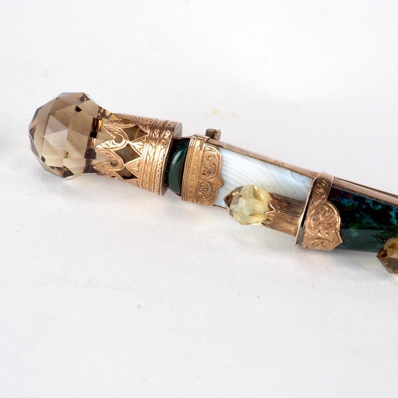 High Victorian Victorian Dirk Brooch of Gold Set with Gemstones For Sale