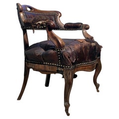 Victorian Distressed Brown Leather Armchair with Cabriole Legs