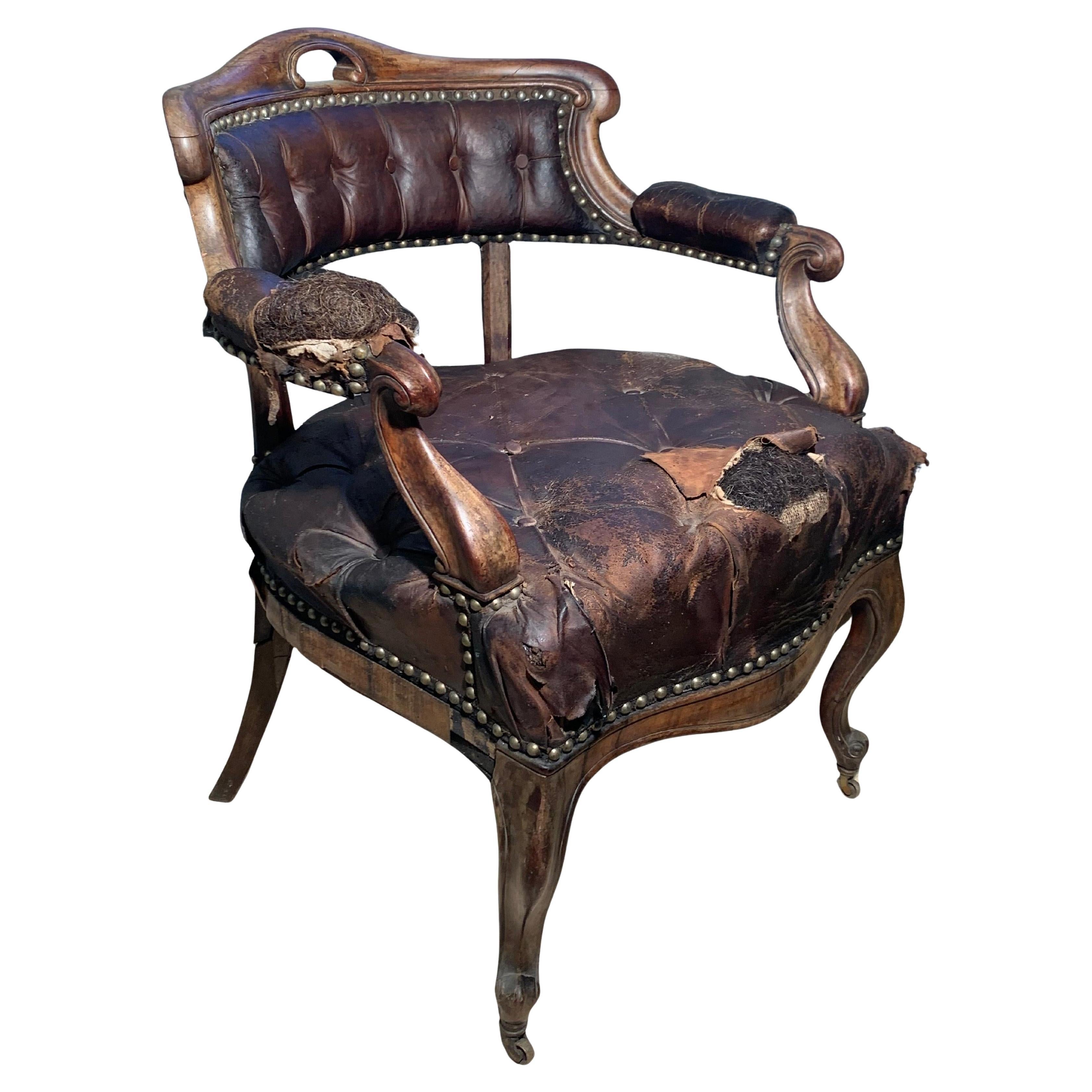 Victorian Distressed Brown Leather Armchair with Cabriole Legs For Sale