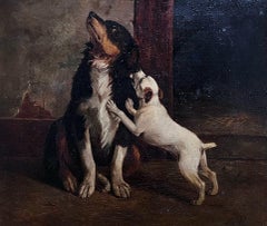 Cucciolo di terrier e cane spaniel in un fienile Antique British, dipinto ad olio del XIX secolo con firma