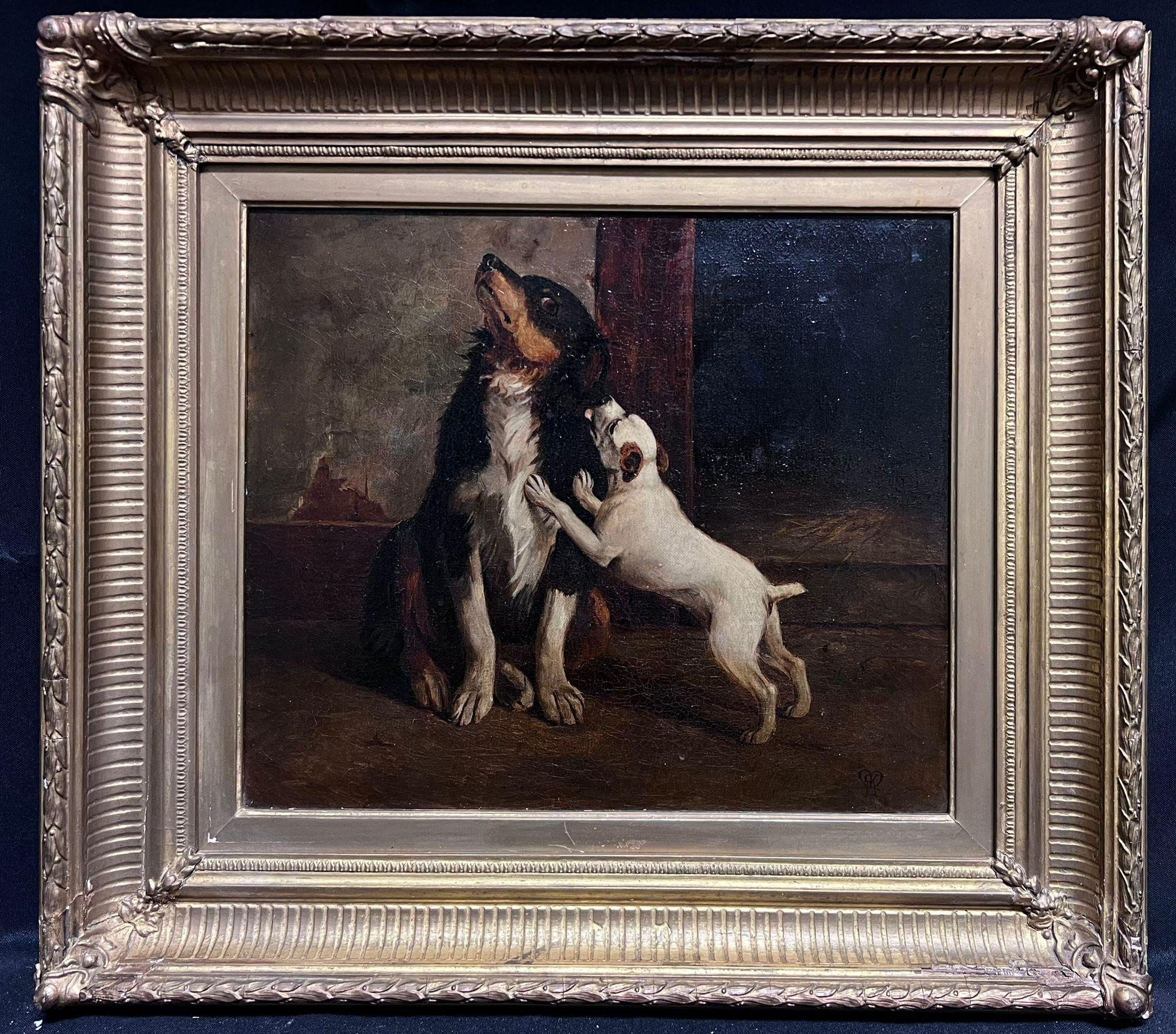 Terrier Puppy & Spaniel Dog in Barn Antique British Signed 19thC Oil Painting