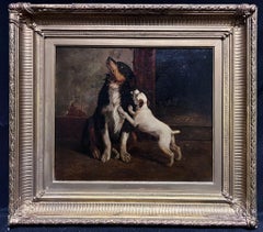 Chiot Terrier et chien d'épagneul dans une grange Peinture à l'huile ancienne britannique signée du 19e siècle