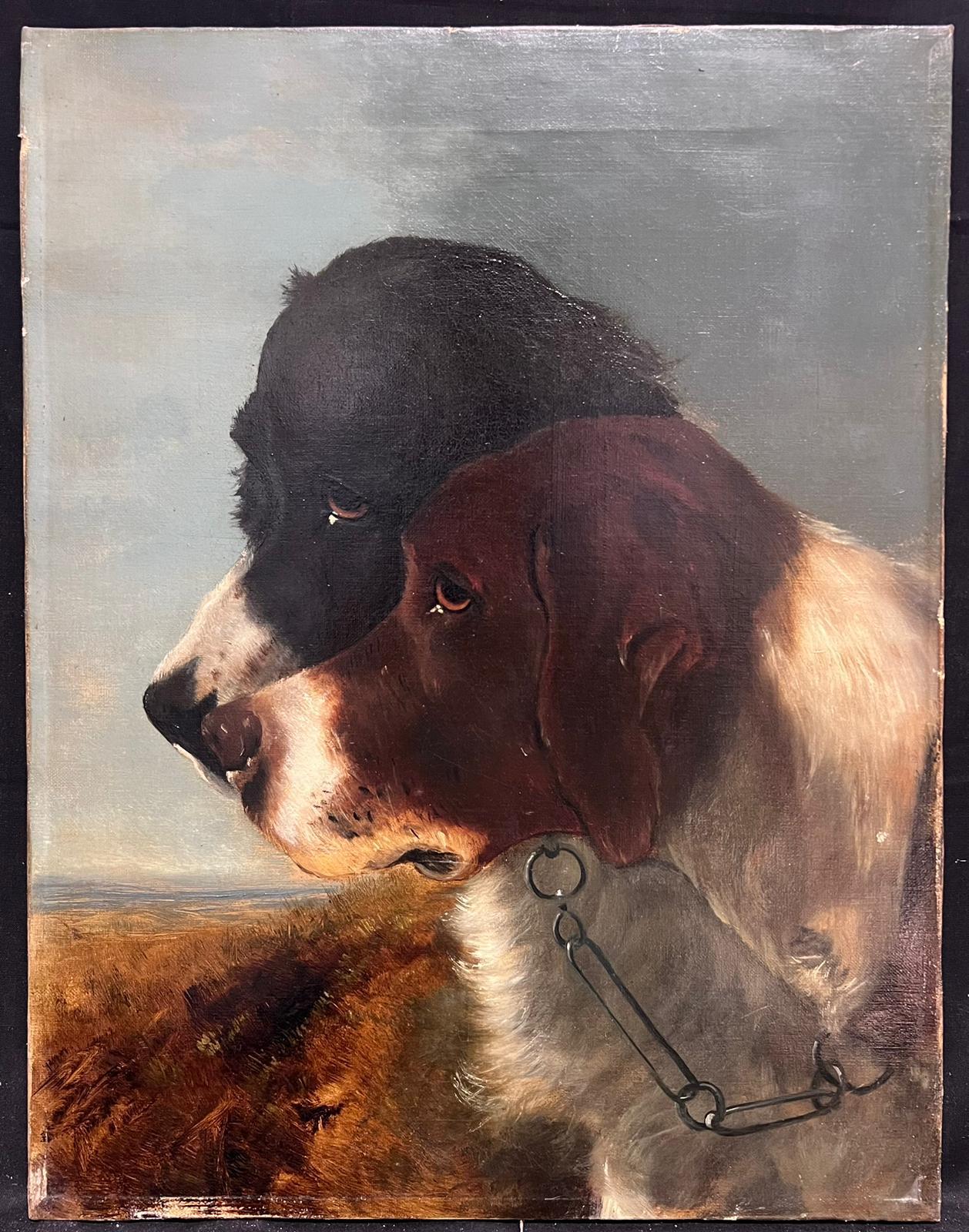 Siglo XIX Pintura al óleo inglesa victoriana Retrato de dos perros en un campo - Painting de Victorian Dog Painting