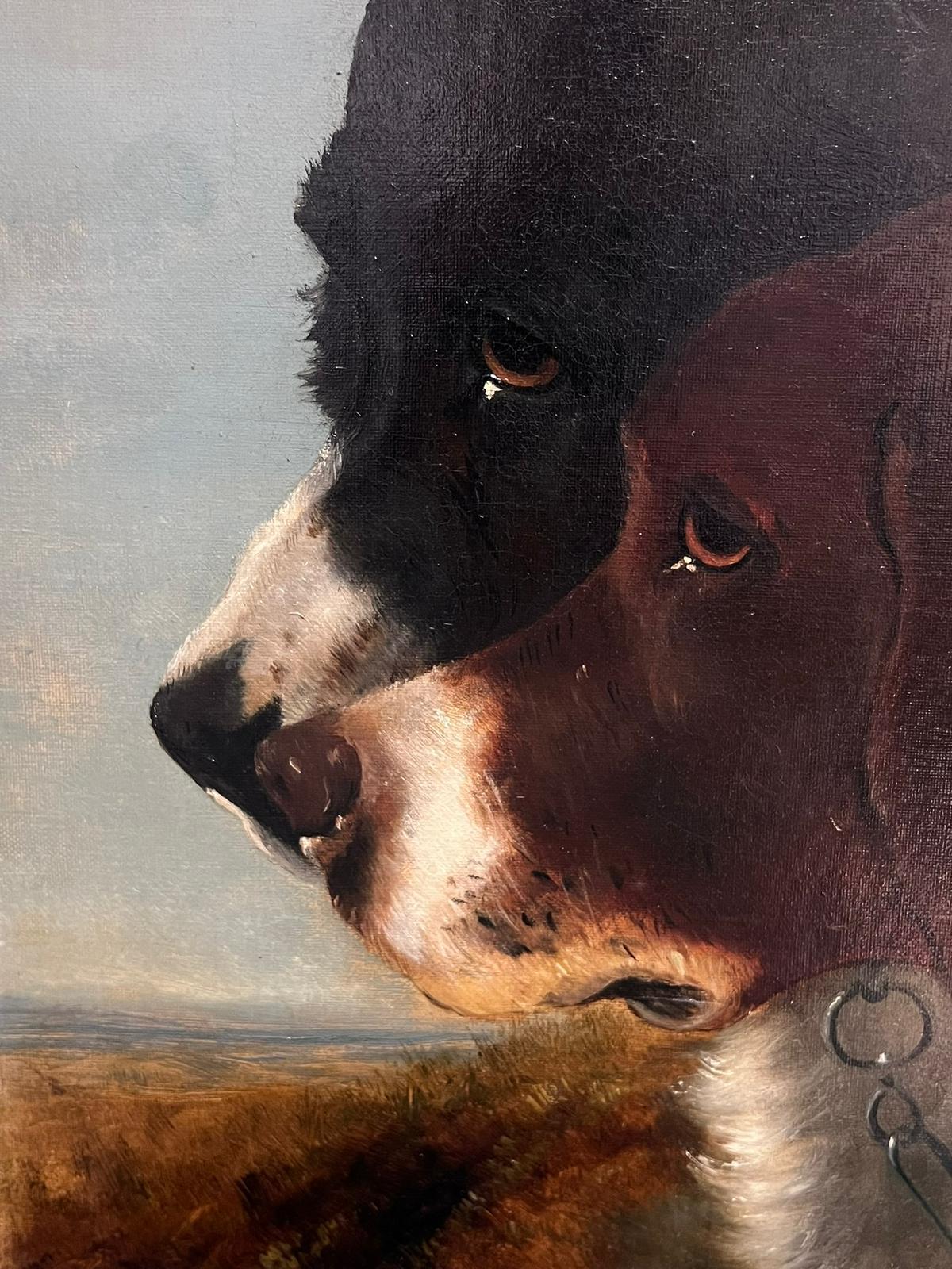 Siglo XIX Pintura al óleo inglesa victoriana Retrato de dos perros en un campo - Painting Victoriano de Victorian Dog Painting