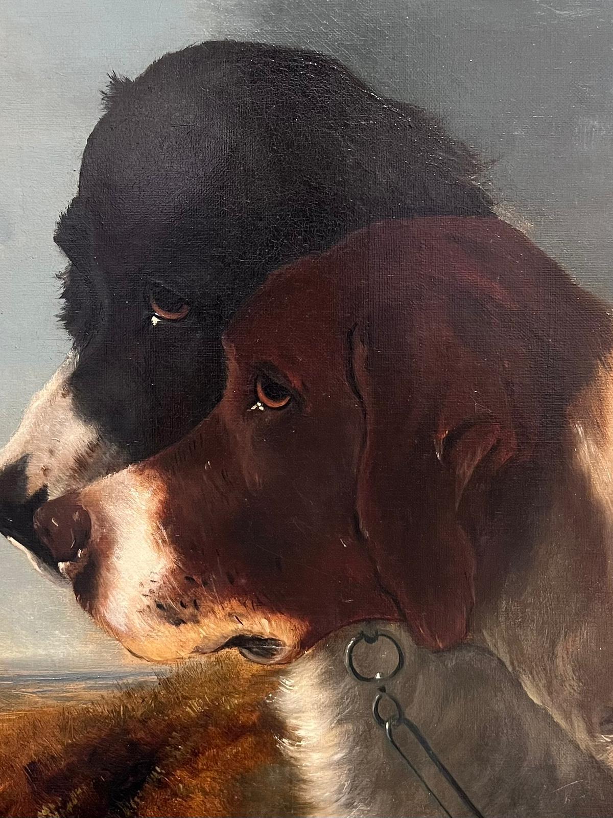 Siglo XIX Pintura al óleo inglesa victoriana Retrato de dos perros en un campo en venta 1