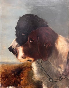Portrait victorien anglais du 19ème siècle représentant deux chiens dans un champ
