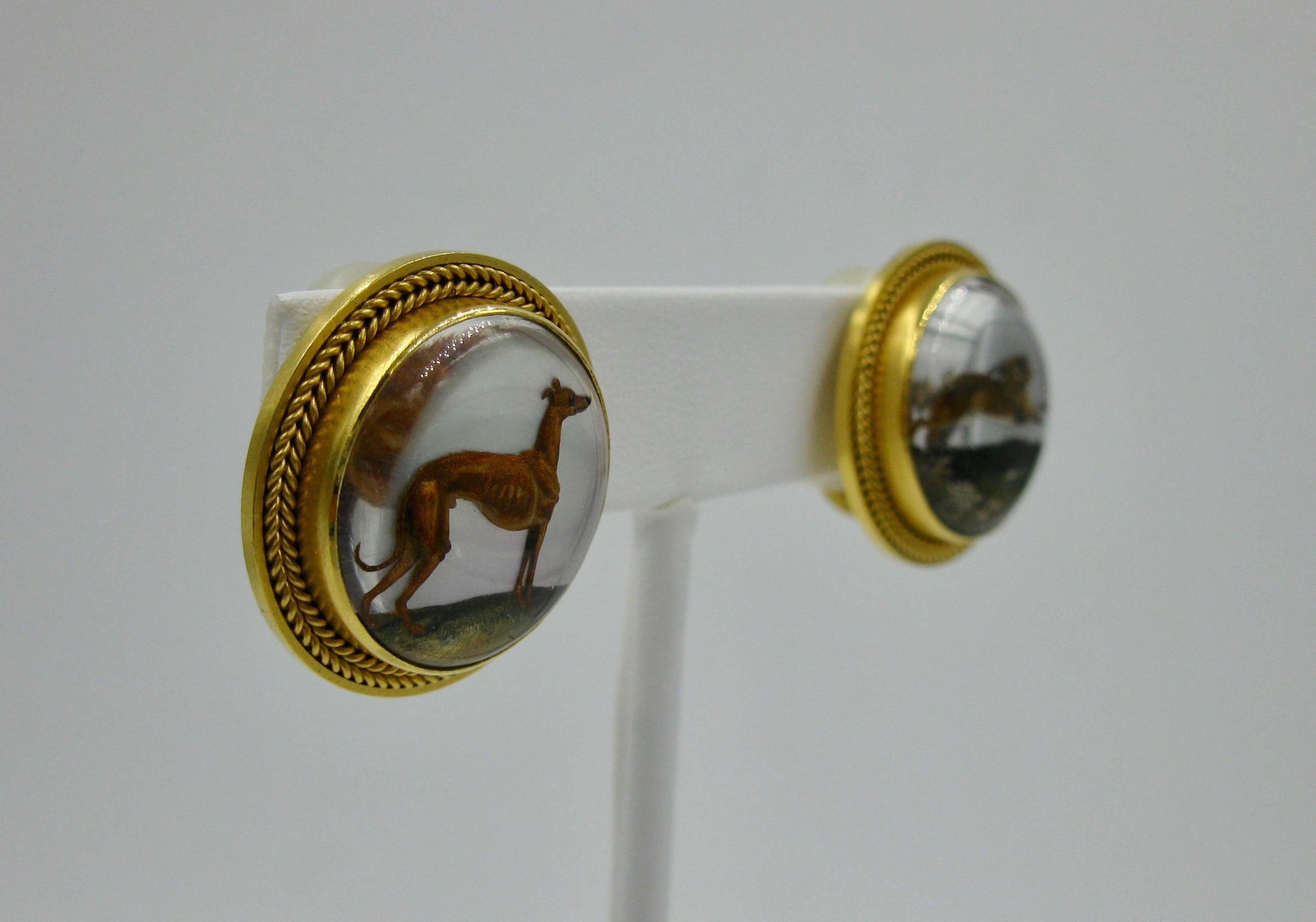 Victorian Dog Rabbit Essex Crystal Earrings Hound Hare 15 Karat Gold Greyhound In Excellent Condition In New York, NY