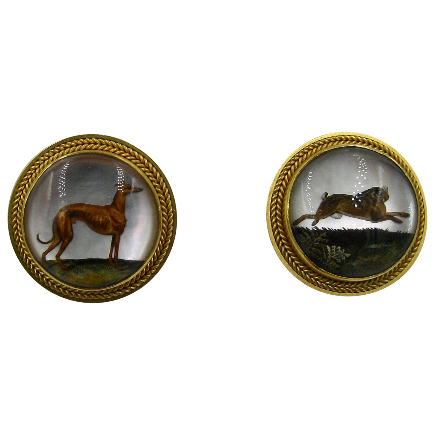 Victorian Dog Rabbit Essex Crystal Earrings Hound Hare 15 Karat Gold Greyhound