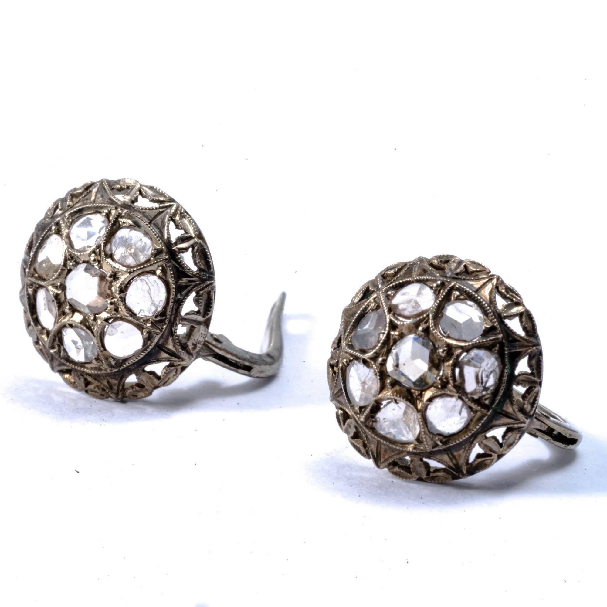 Women's or Men's Victorian Dome Cluster Rose Cut Diamond Earrings