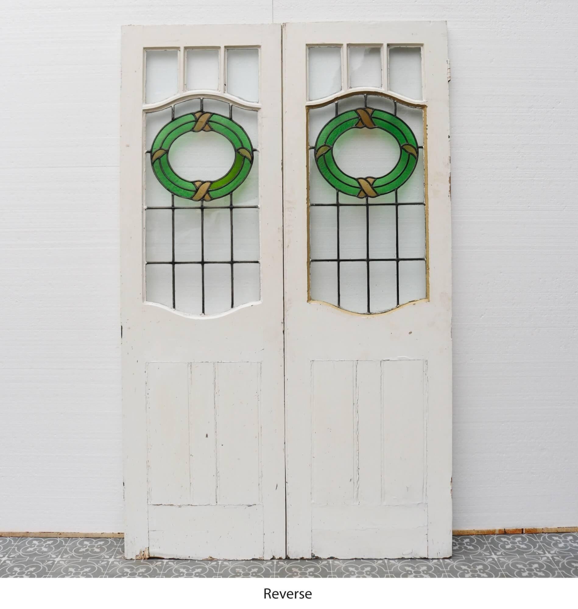 Edwardian Victorian Double Front Doors with Stained Glass For Sale