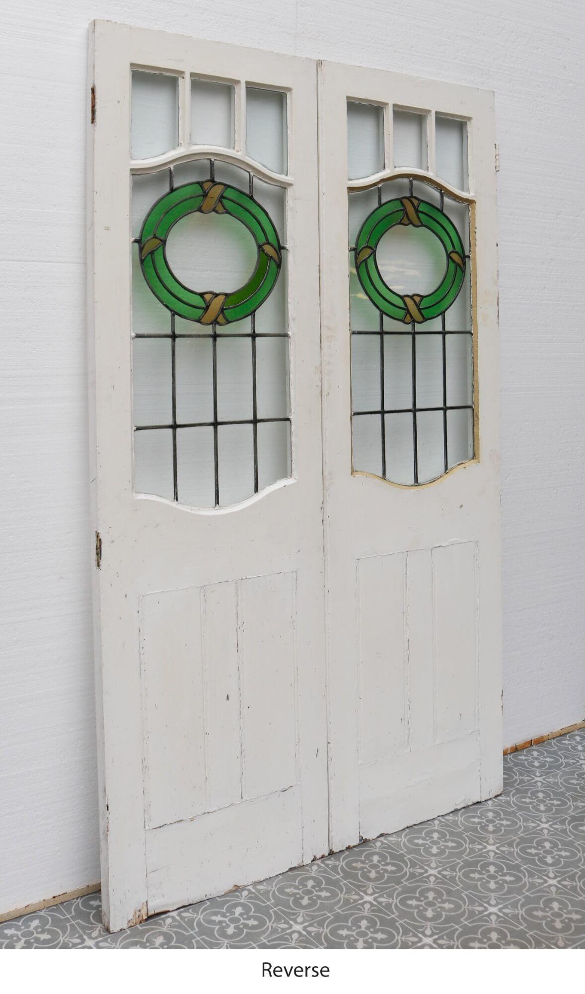 English Victorian Double Front Doors with Stained Glass For Sale