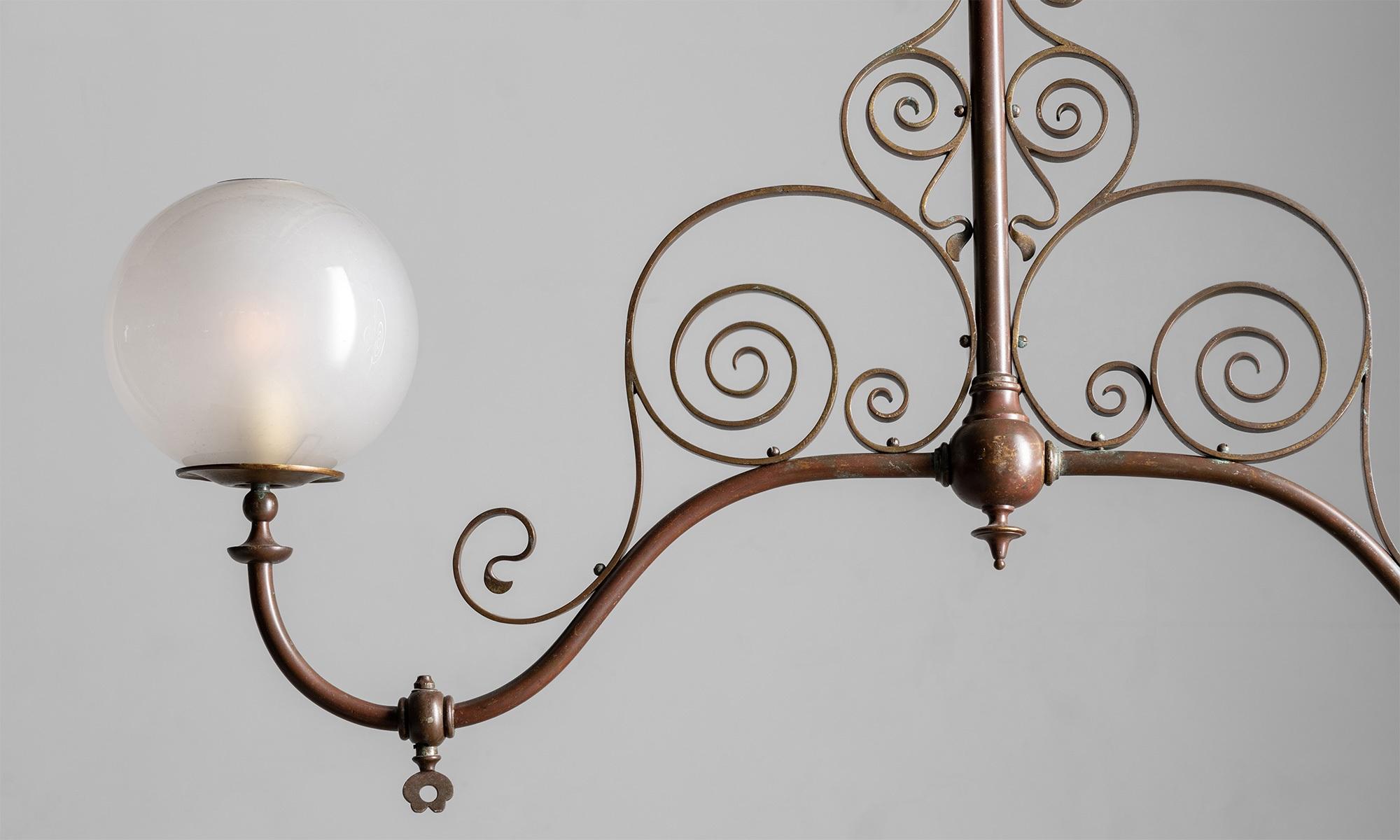 Victorian double gas light

England Circa 1910

Ornated brass frame with acid etched globe shades. Originally lit by gas, recently converted to electric.

Measures: 43.5”W X 8”D X 72”H.