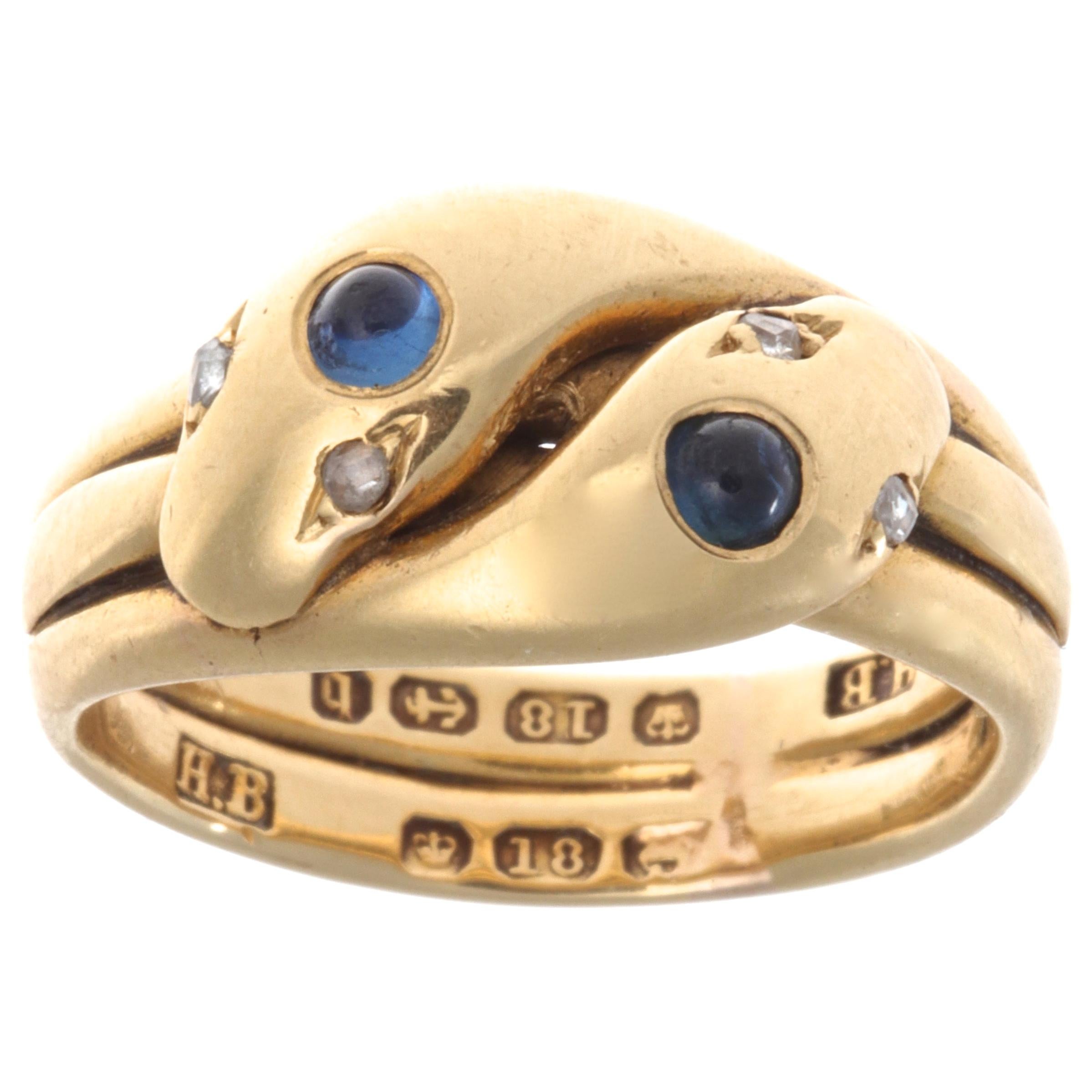 Victorian Double-Headed Sapphire Diamond 18 Karat Gold Snake Ring