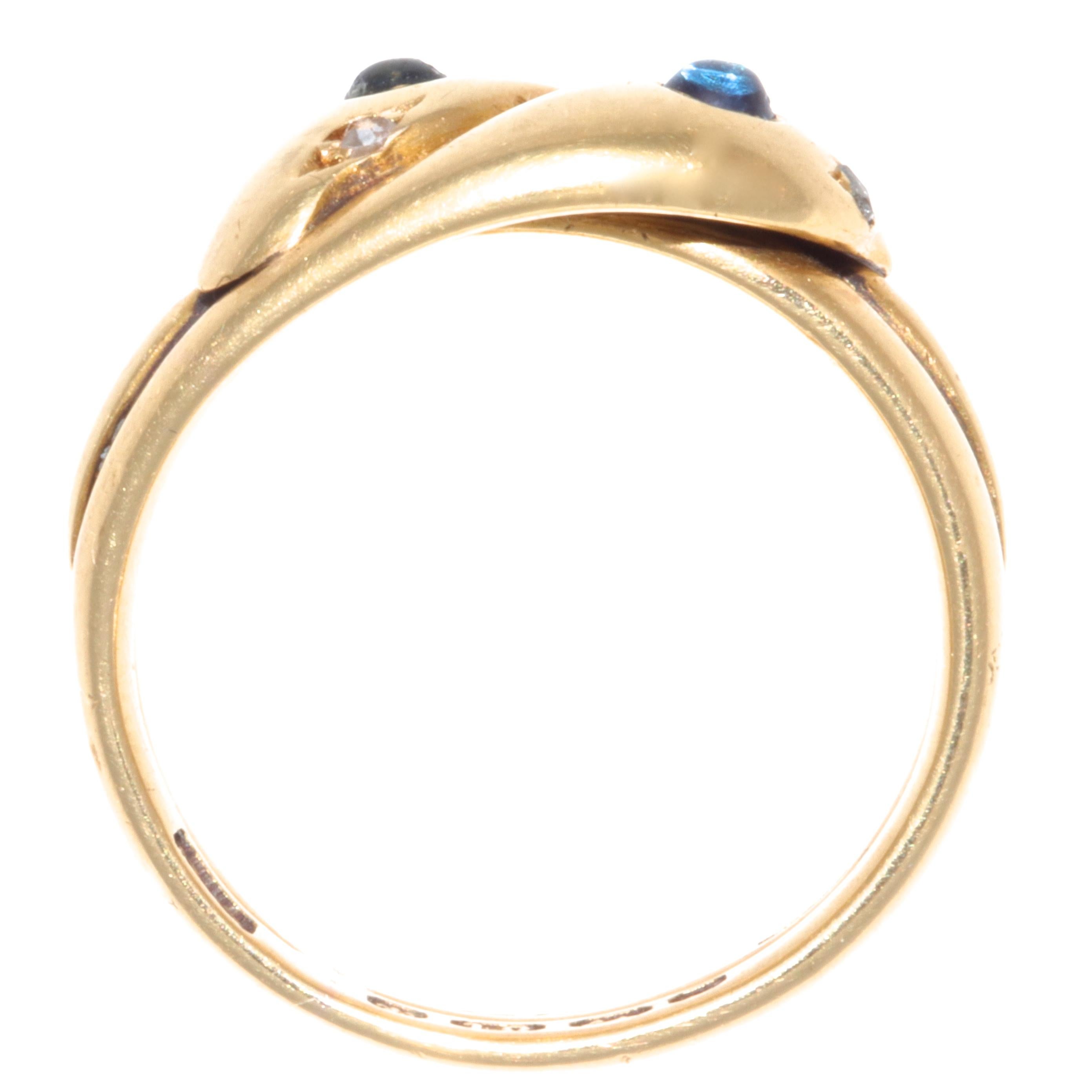 Cabochon Victorian Double-Headed Sapphire Diamond 18 Karat Gold Snake Ring