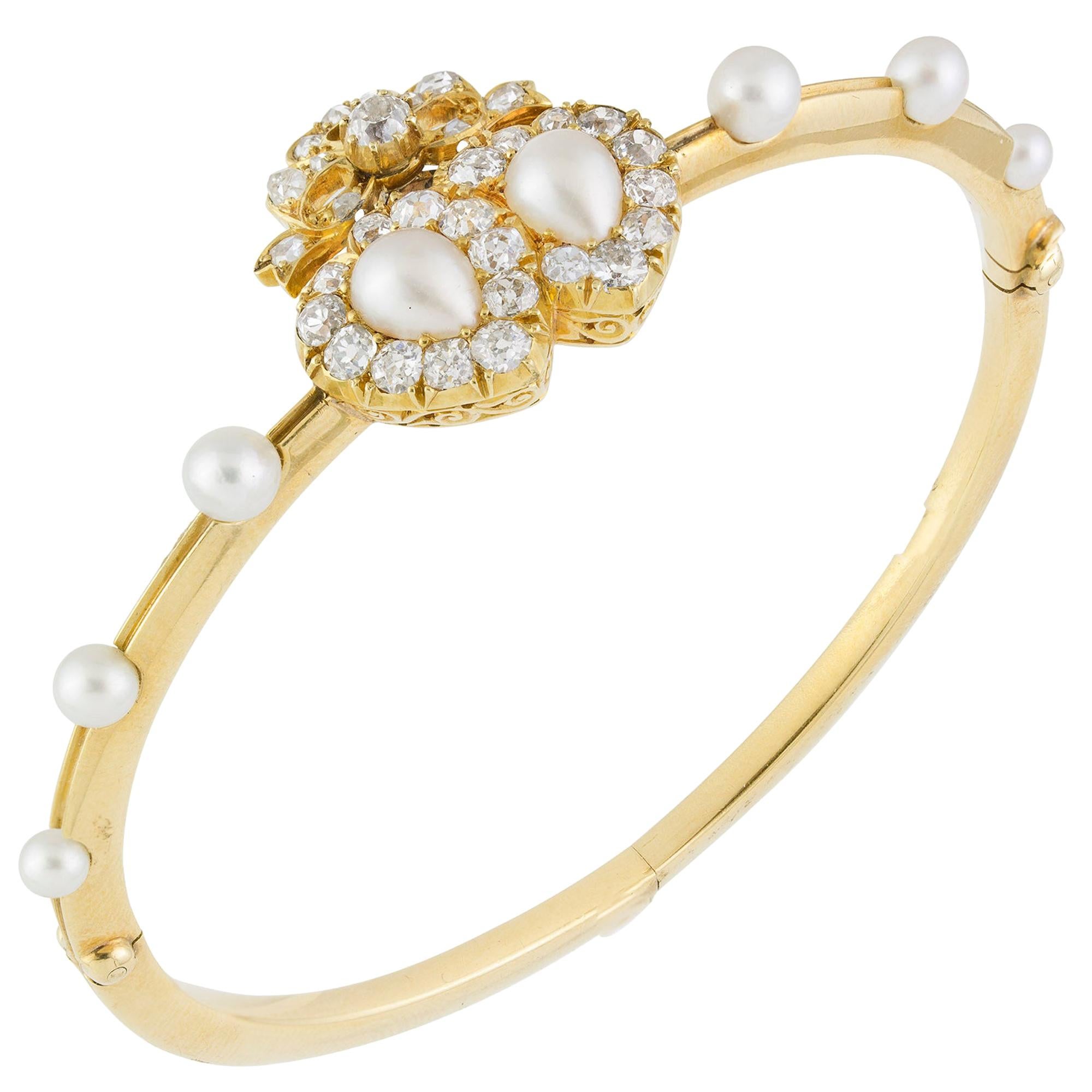 Victorian Double Heart Diamond and Pearl Bangle For Sale
