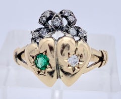 Antique Victorian Love Token Double Heart 15K Diamond Emerald Bow Gold Ring