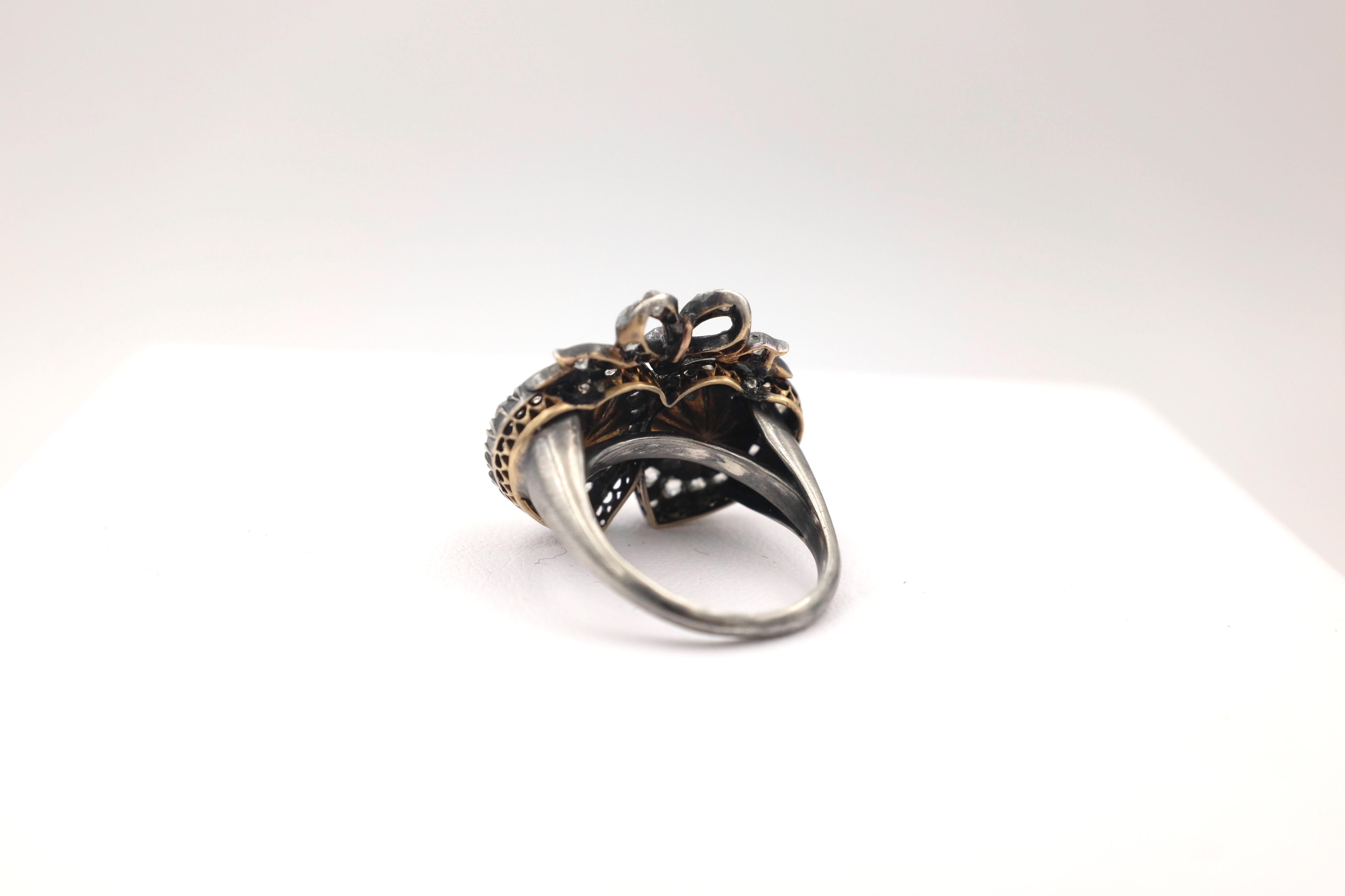 Women's or Men's Victorian Double Heart Ring with Natural Pearls and Diamonds For Sale
