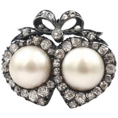 Antique Victorian Double Heart Ring with Natural Pearls and Diamonds