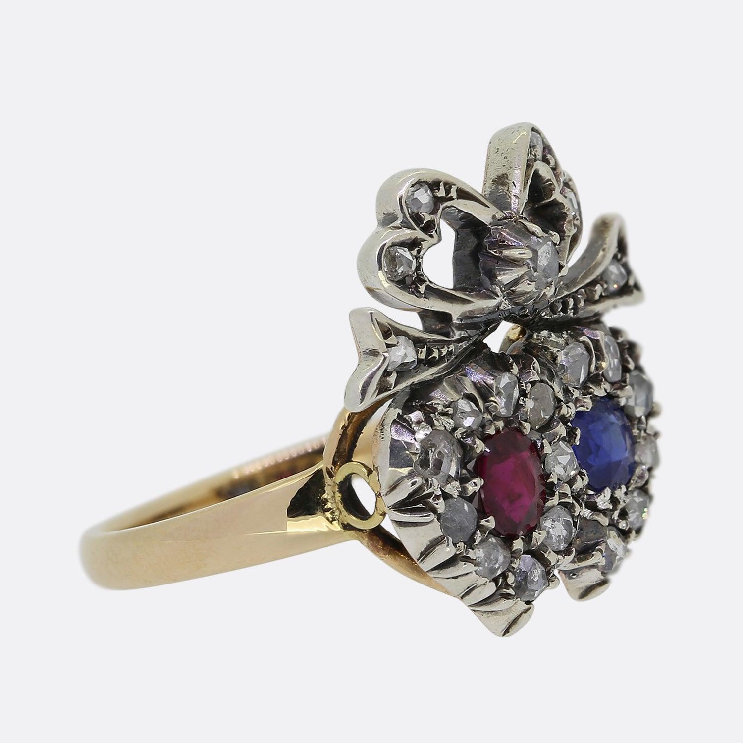 Round Cut Victorian Double Heart Ruby Sapphire and Diamond Crowned Ring For Sale