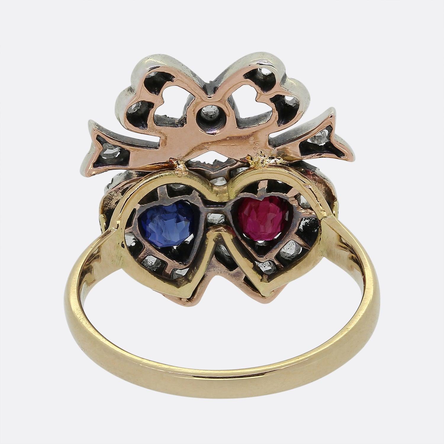 Victorian Double Heart Ruby Sapphire and Diamond Crowned Ring In Good Condition For Sale In London, GB