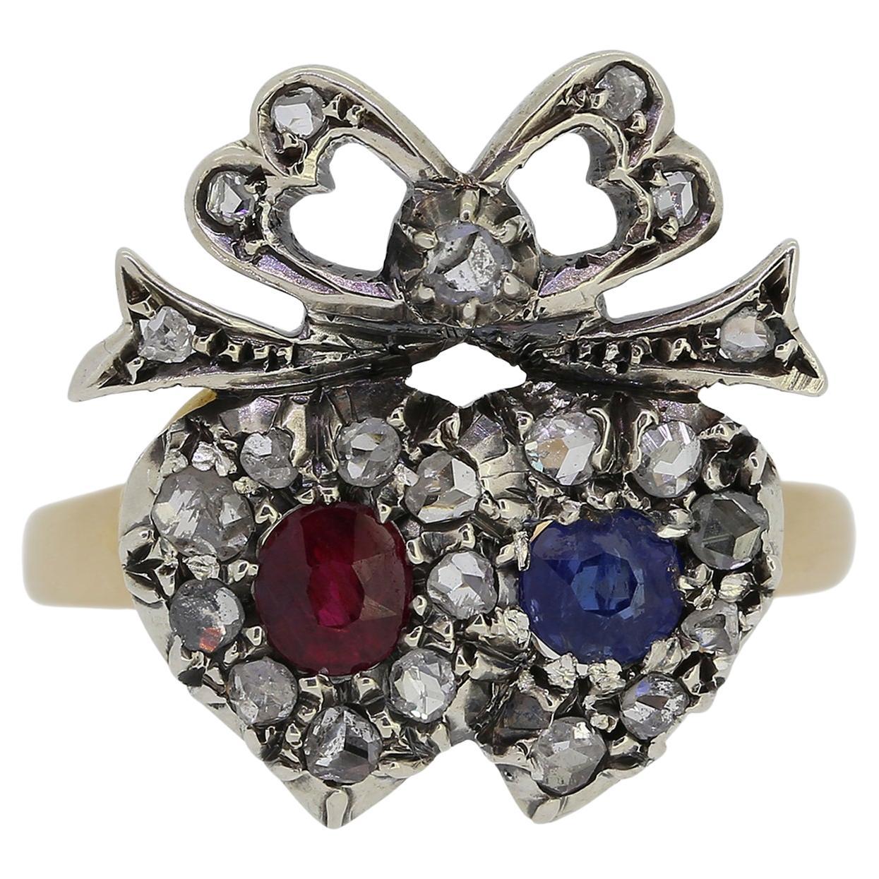 Victorian Double Heart Ruby Sapphire and Diamond Crowned Ring For Sale