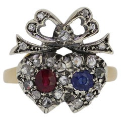 Antique Victorian Double Heart Ruby Sapphire and Diamond Crowned Ring