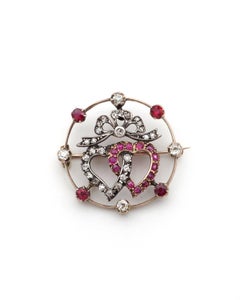 Victorian double heart sweetheart ruby diamond brooch in 14k rose gold