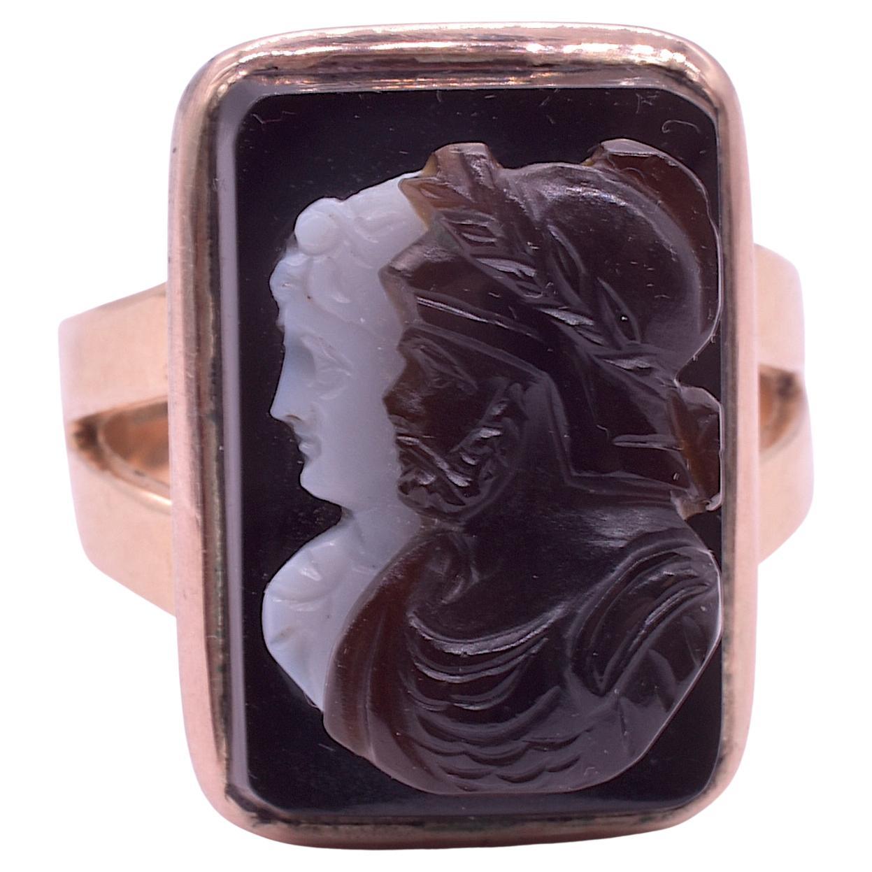 C1890 Black and White Double Portrait Hardstone Cameo Ring of Conjugal Pair